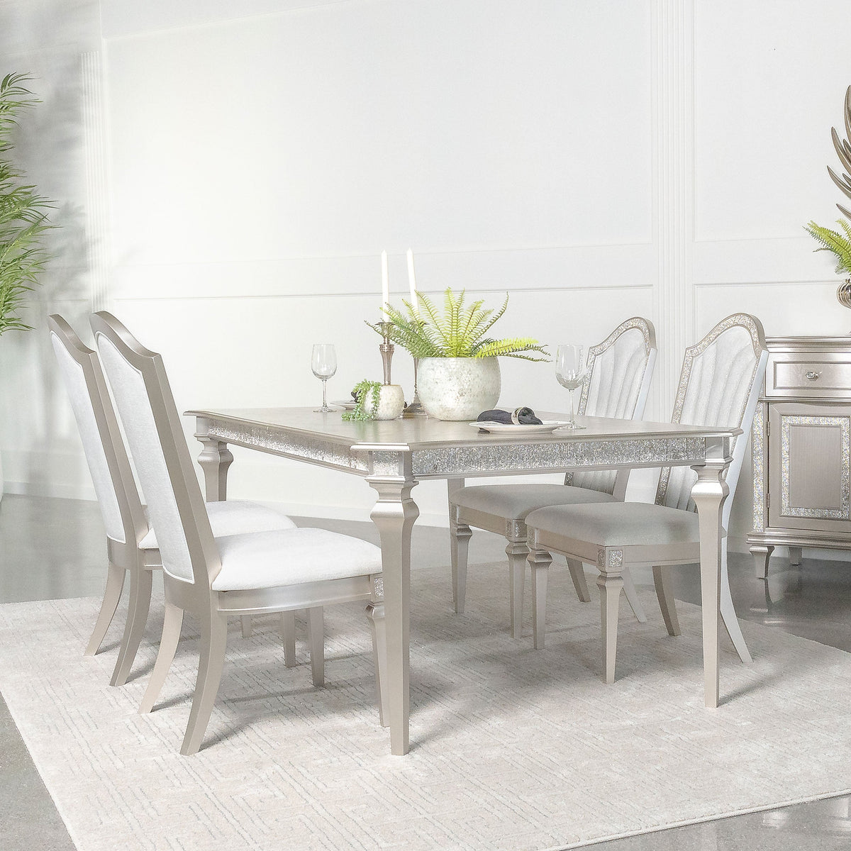 Evangeline  Dining Table Set with Extension Leaf Ivory and Silver Oak