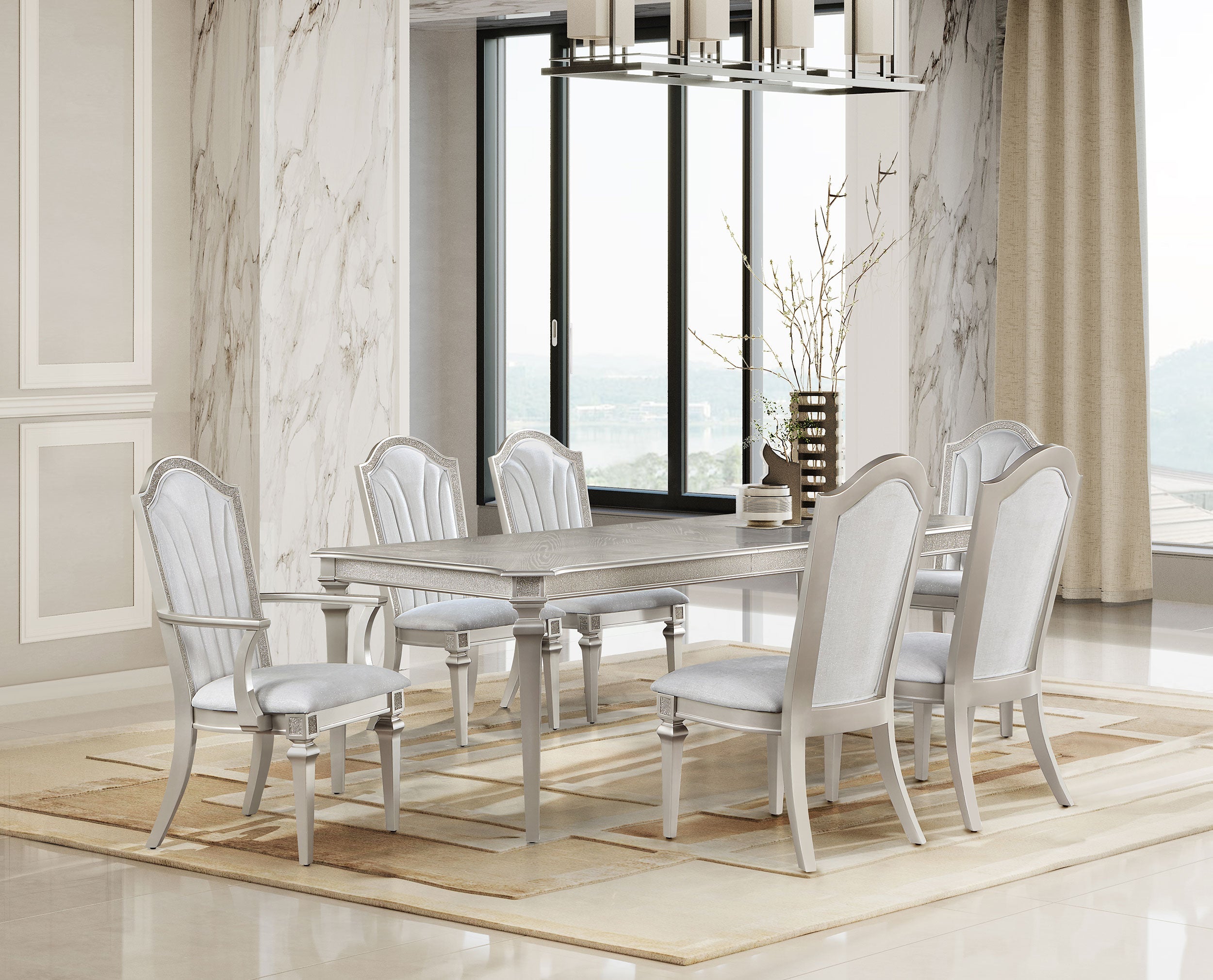 Evangeline  Dining Table Set with Extension Leaf Ivory and Silver Oak