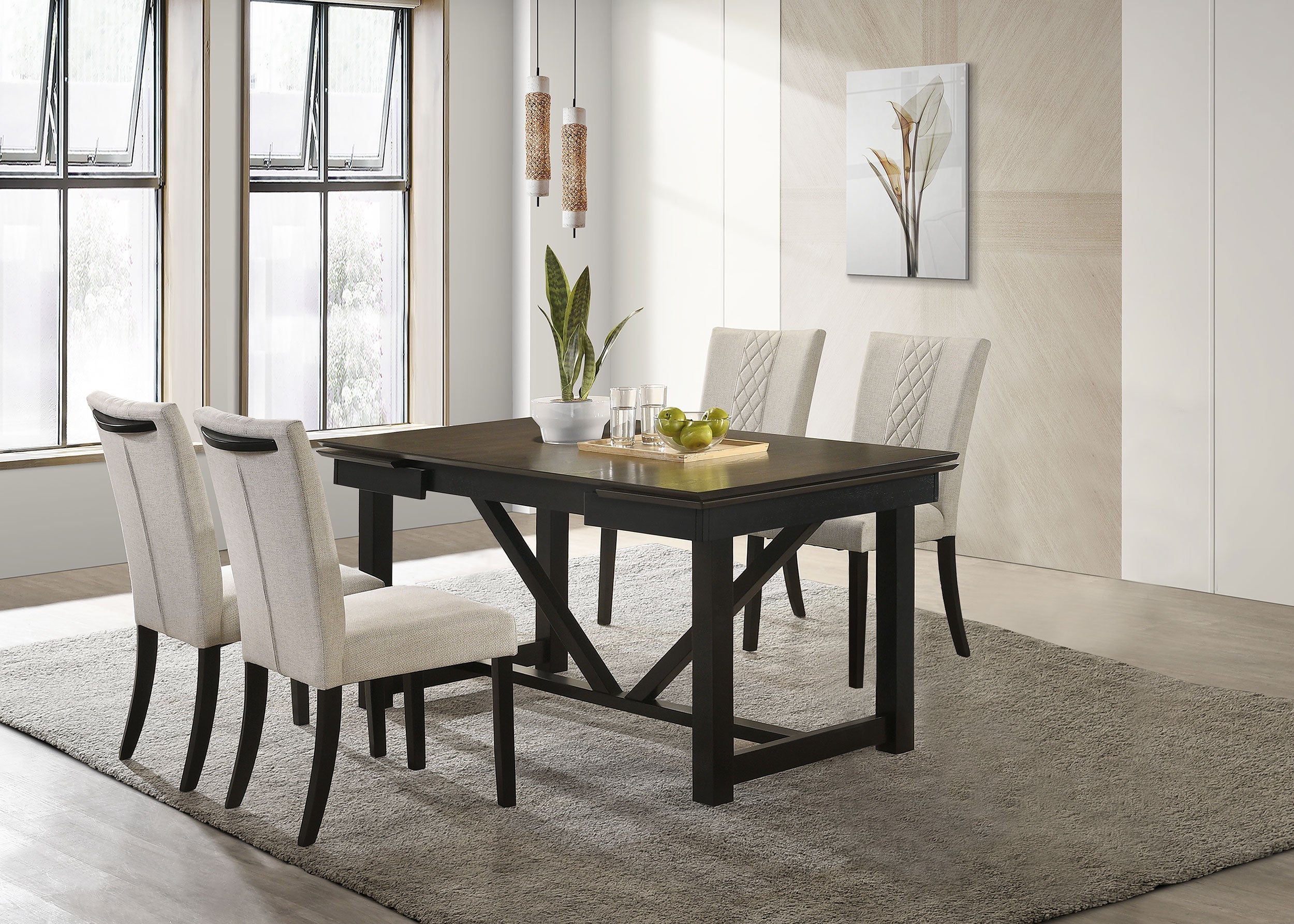 Malia  Rectangular Dining Table Set with Refractory Extension Leaf Beige and Black