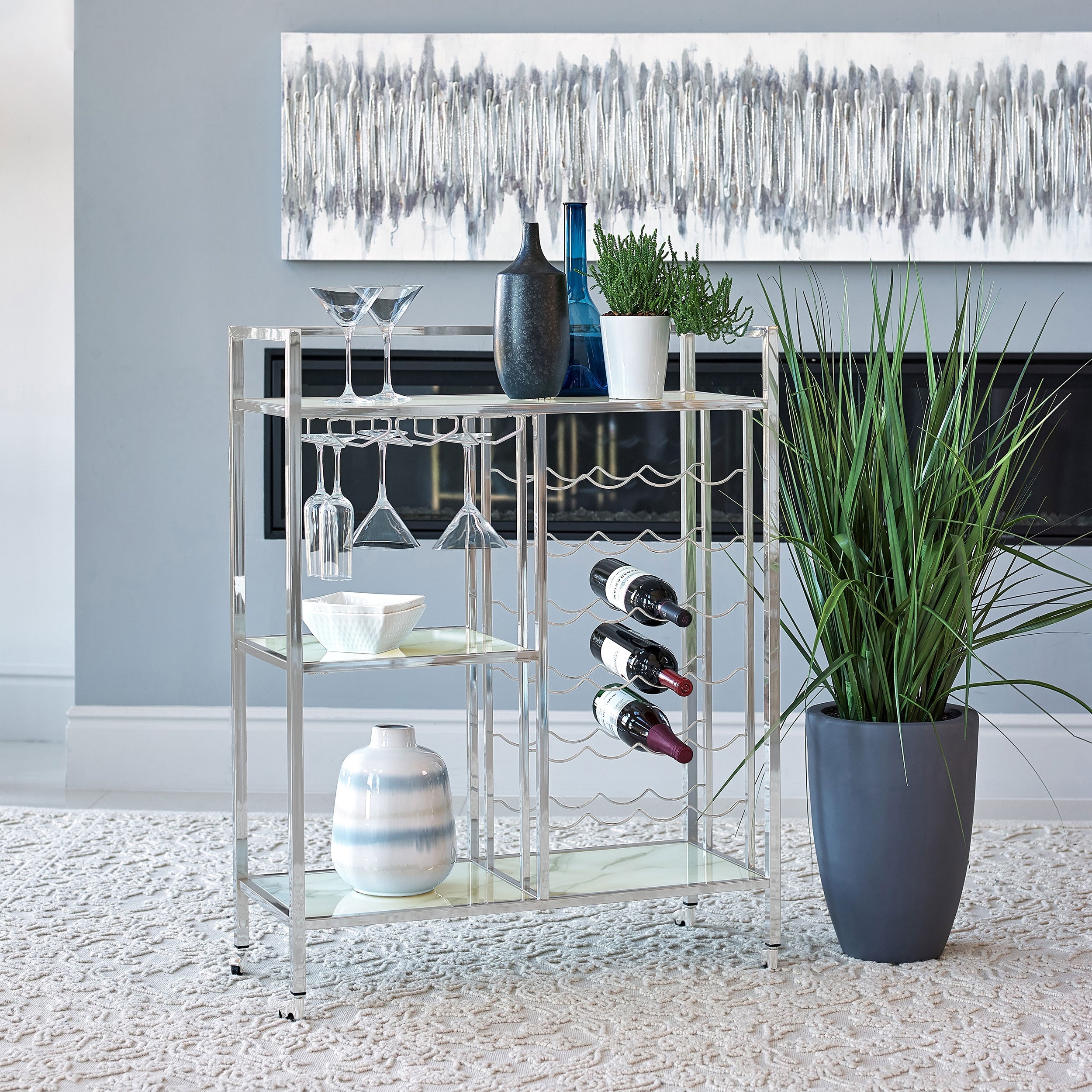 Derion Glass Shelf Serving Cart with Casters Chrome