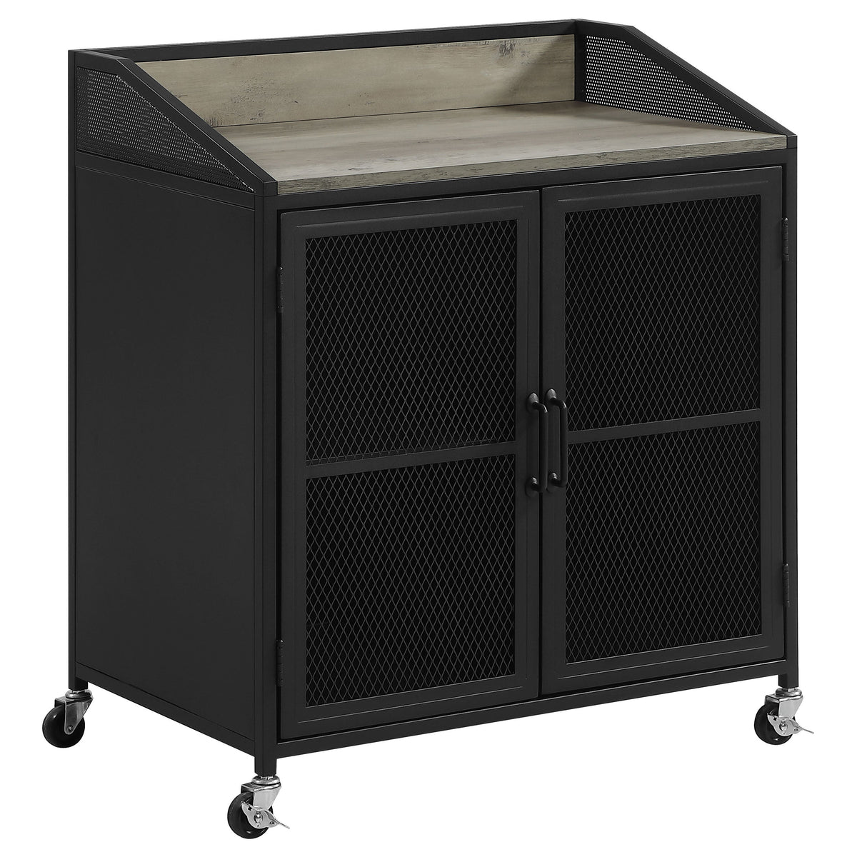 Arlette Wine Cabinet with Wire Mesh Doors Grey Wash and Sandy Black