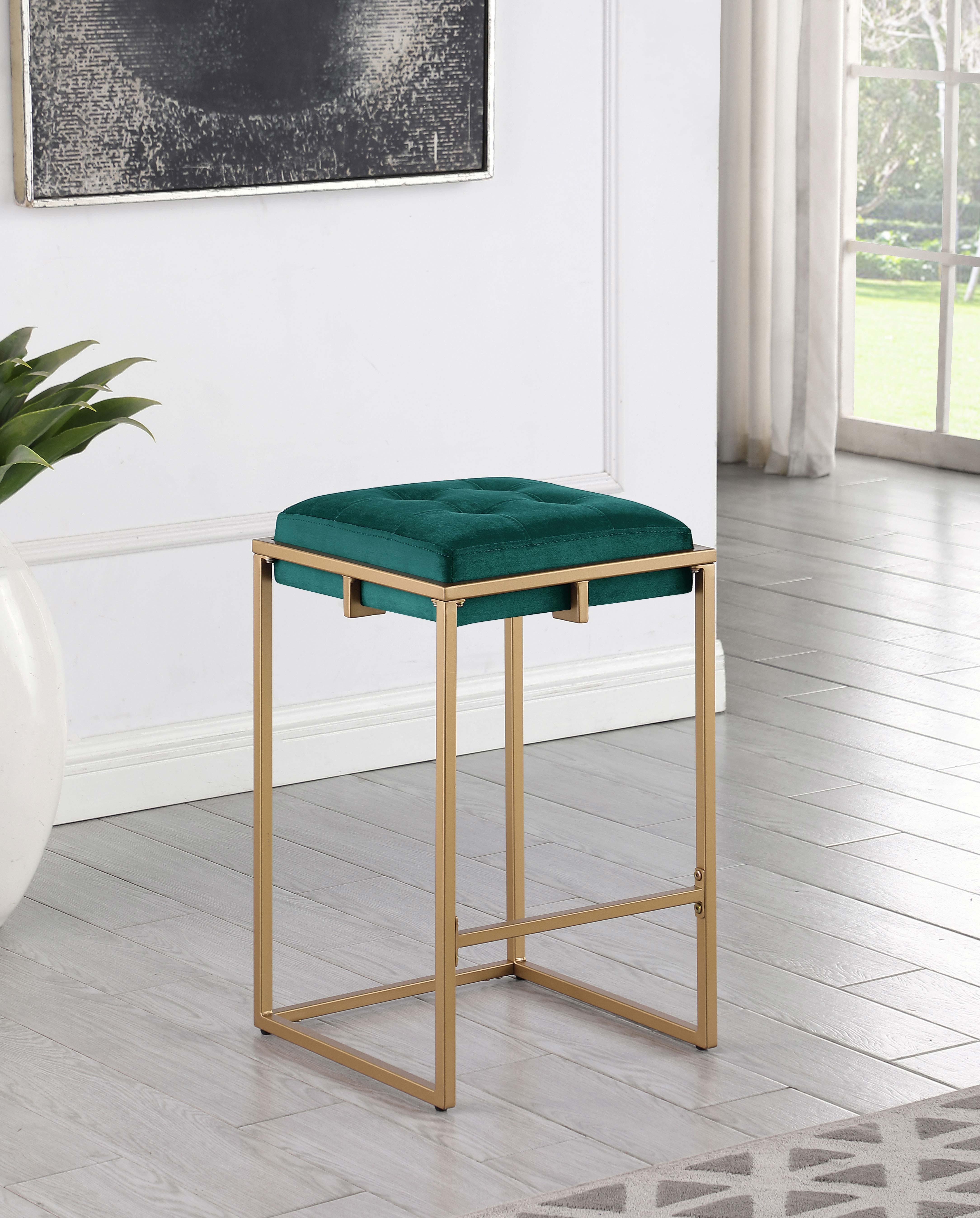 Nadia Square Padded Seat Bar Stool (Set of 2) Hunter Green and Gold