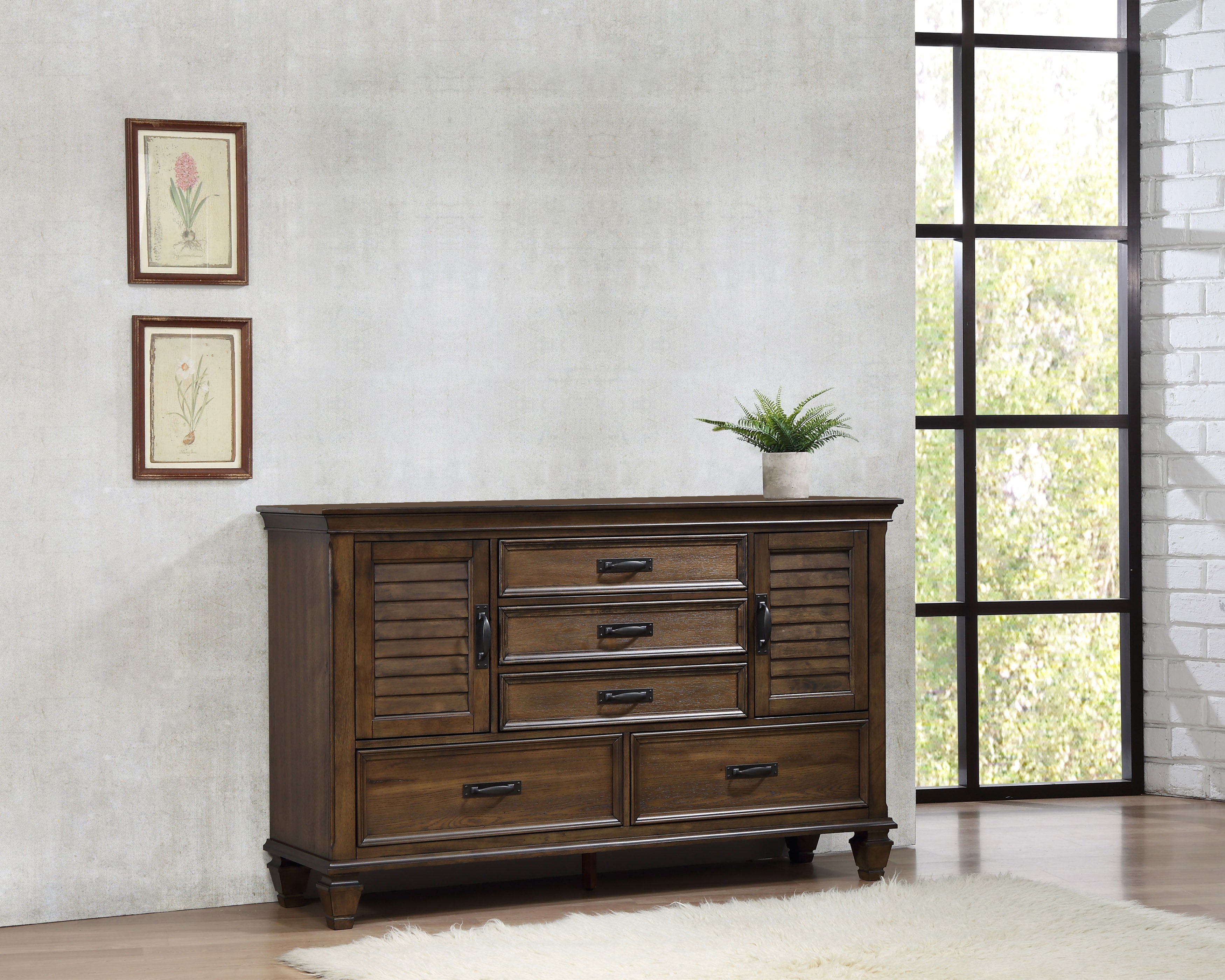 Franco 5-drawer Dresser with 2 Louvered Doors Burnished Oak