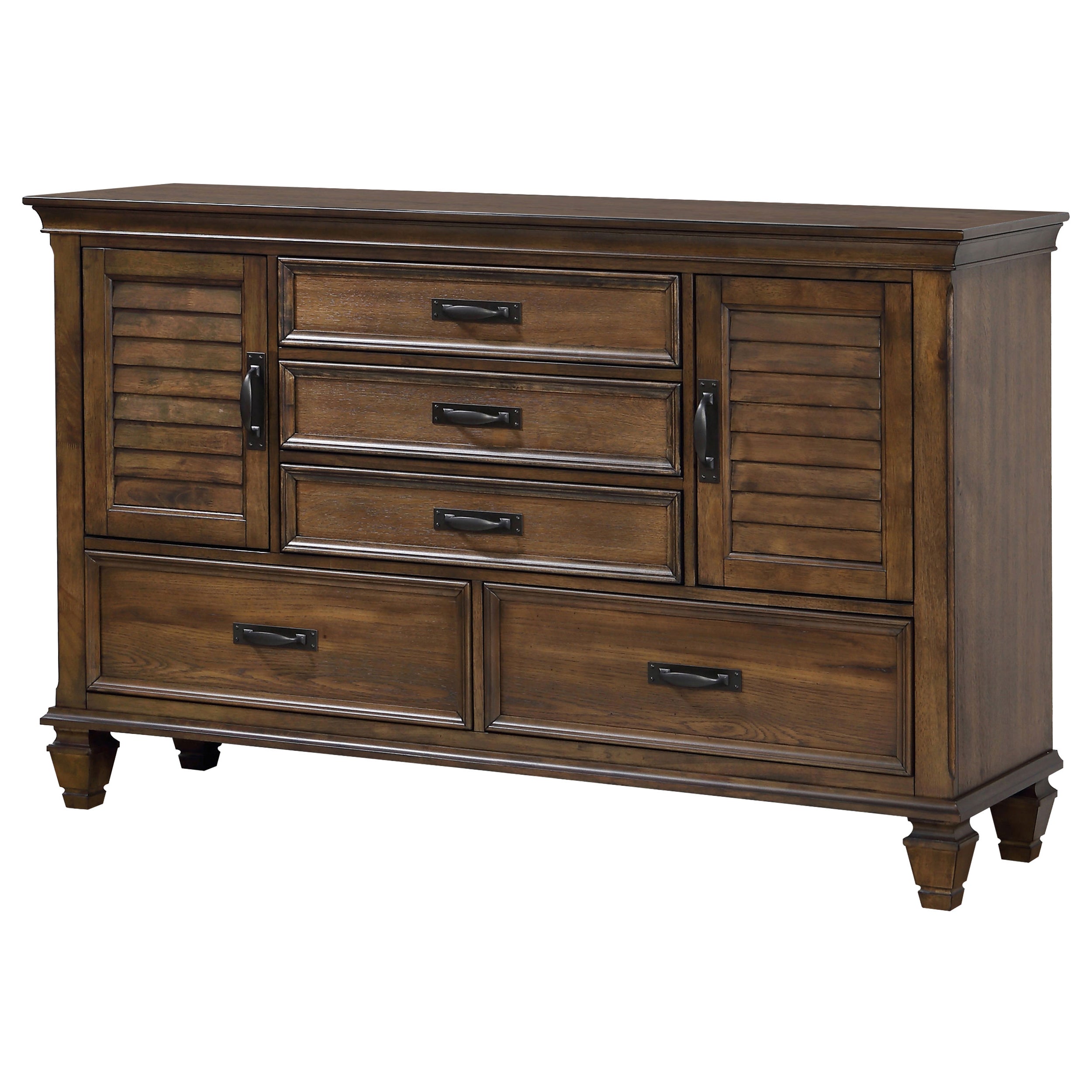 Franco 5-drawer Dresser with 2 Louvered Doors Burnished Oak