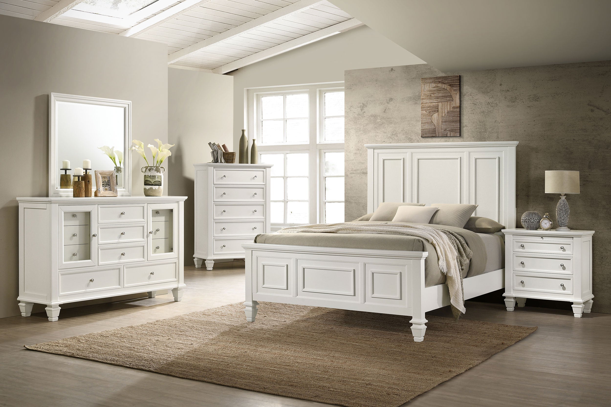 Sandy Beach  Panel Bed with High Headboard Cream White