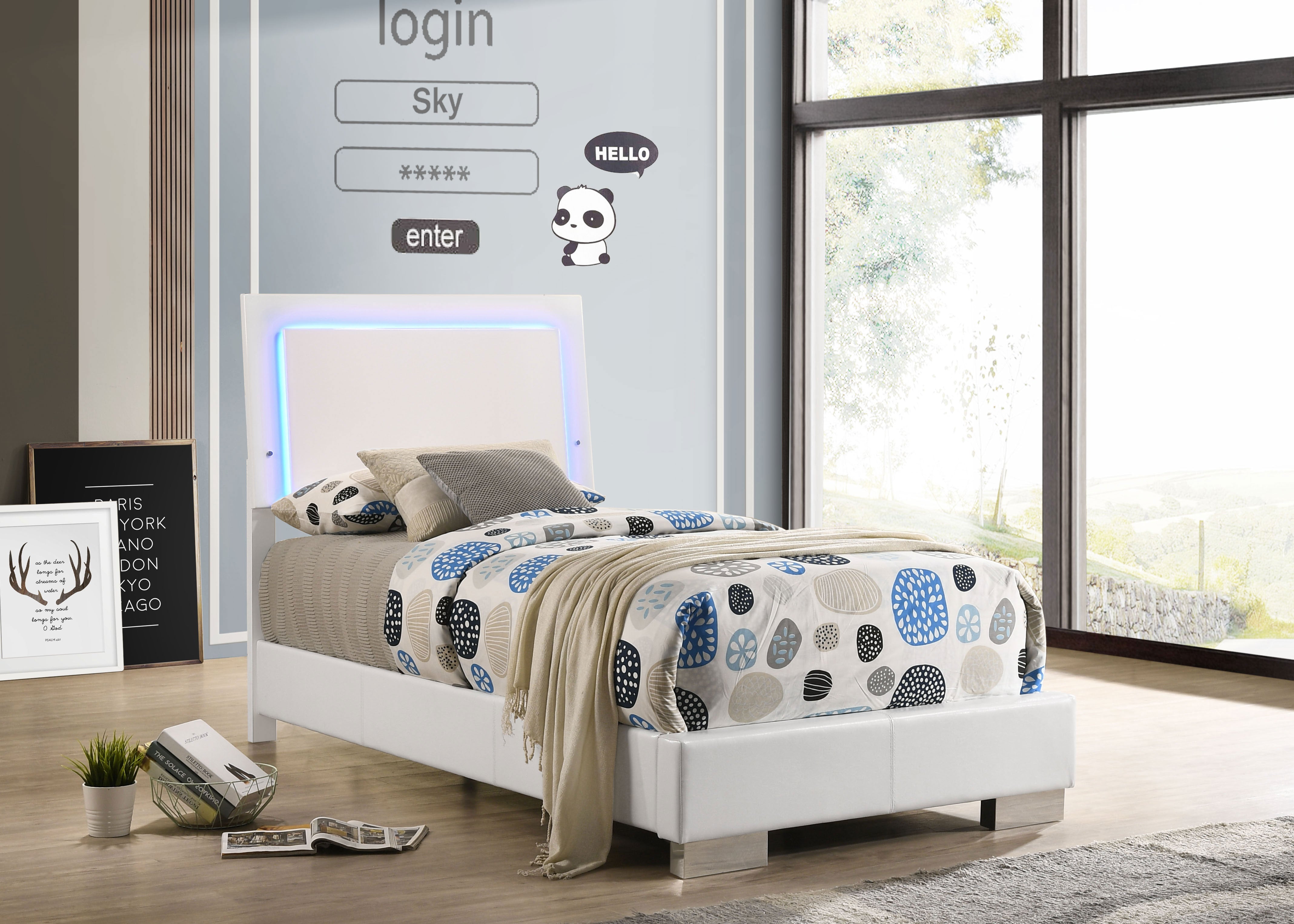 Felicity  Panel Bed with LED Lighting Glossy White