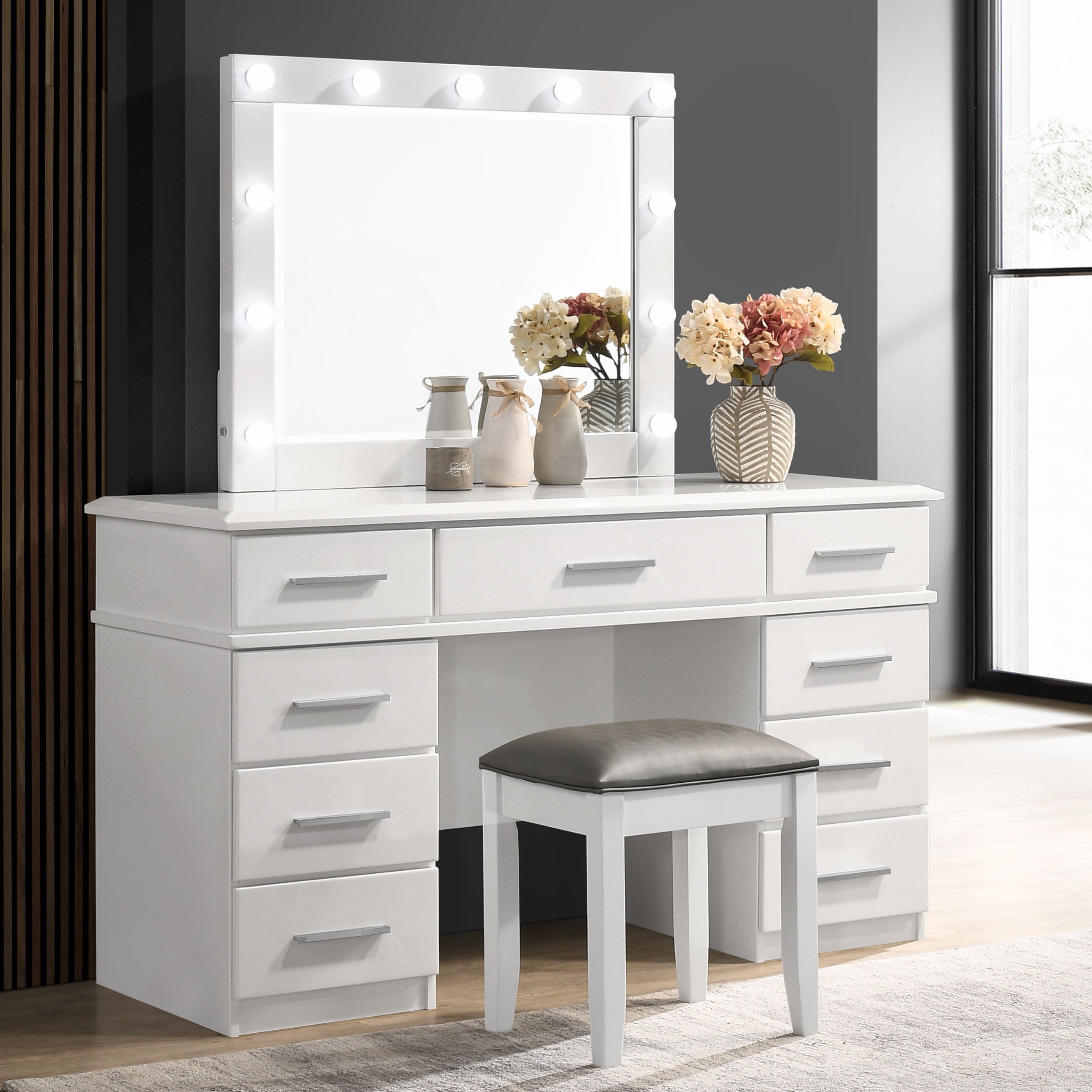 Felicity 9-drawer Vanity Desk with Lighted Mirror Glossy White