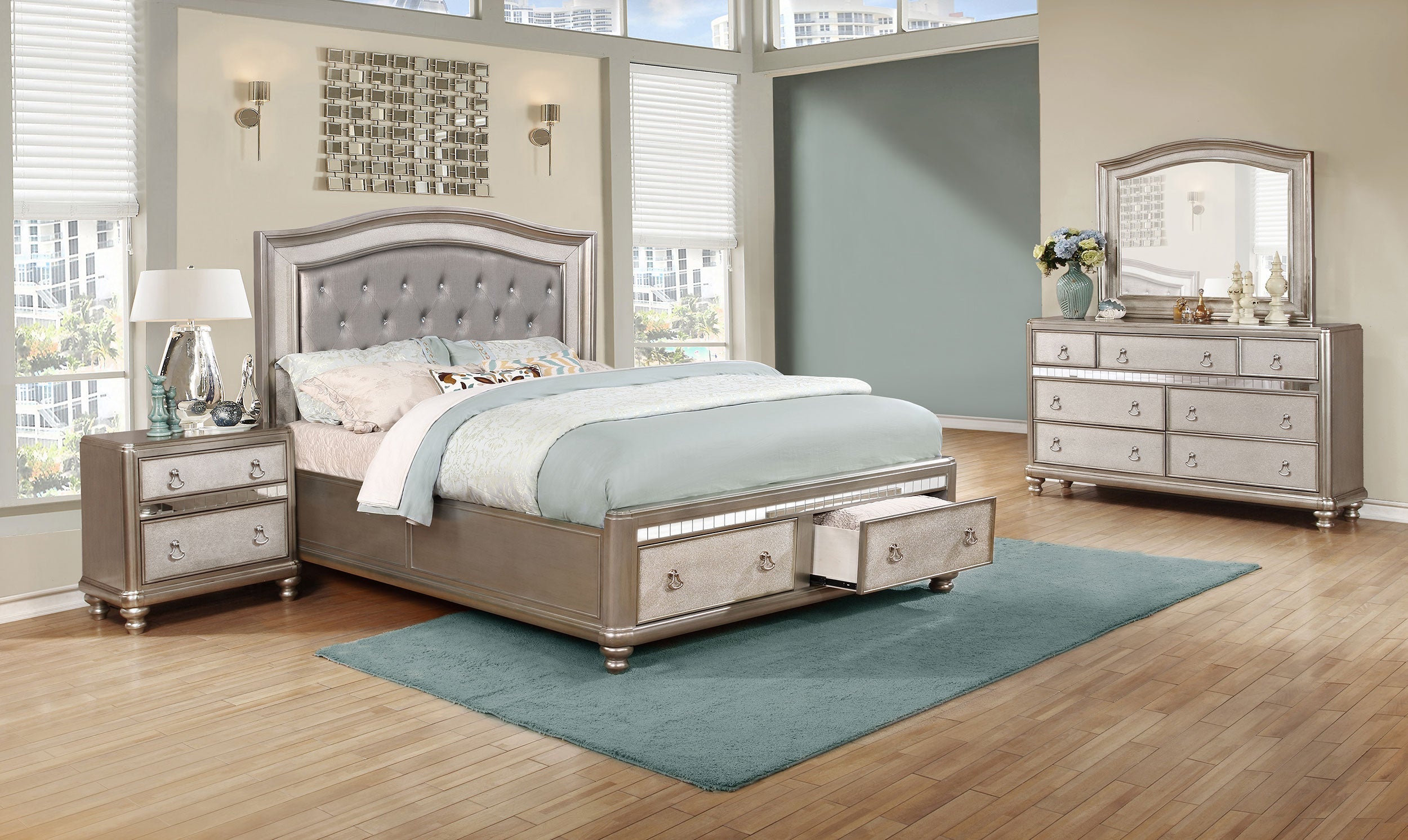 Bling Game Storage Bedroom Set Metallic Platinum