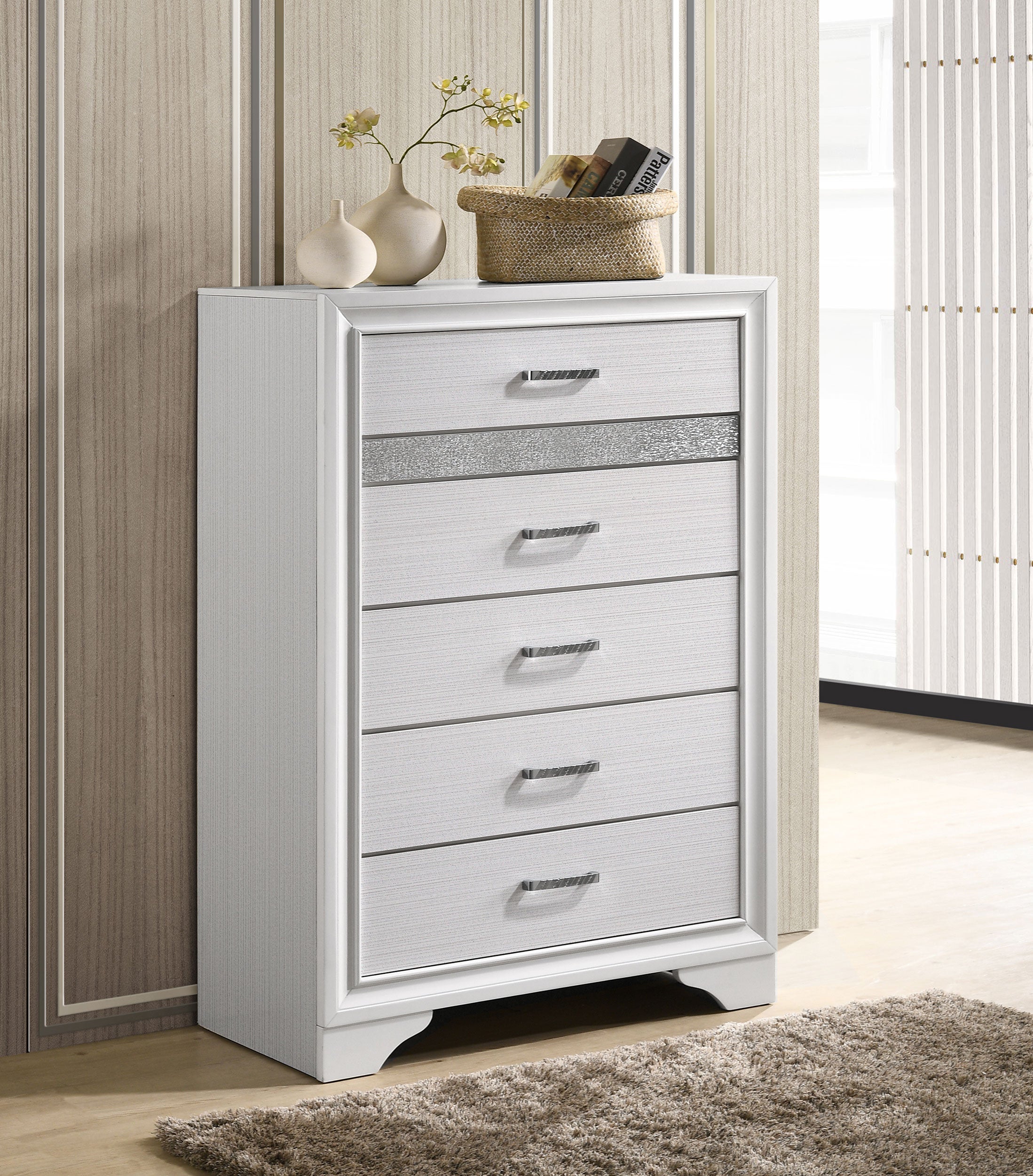 Miranda 5-drawer Chest White and Rhinestone