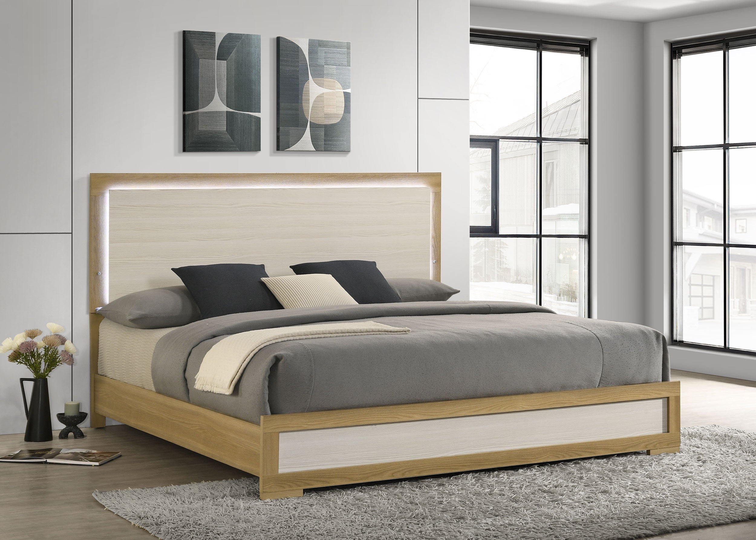 Hyland Wood  LED Panel Bed Natural and White