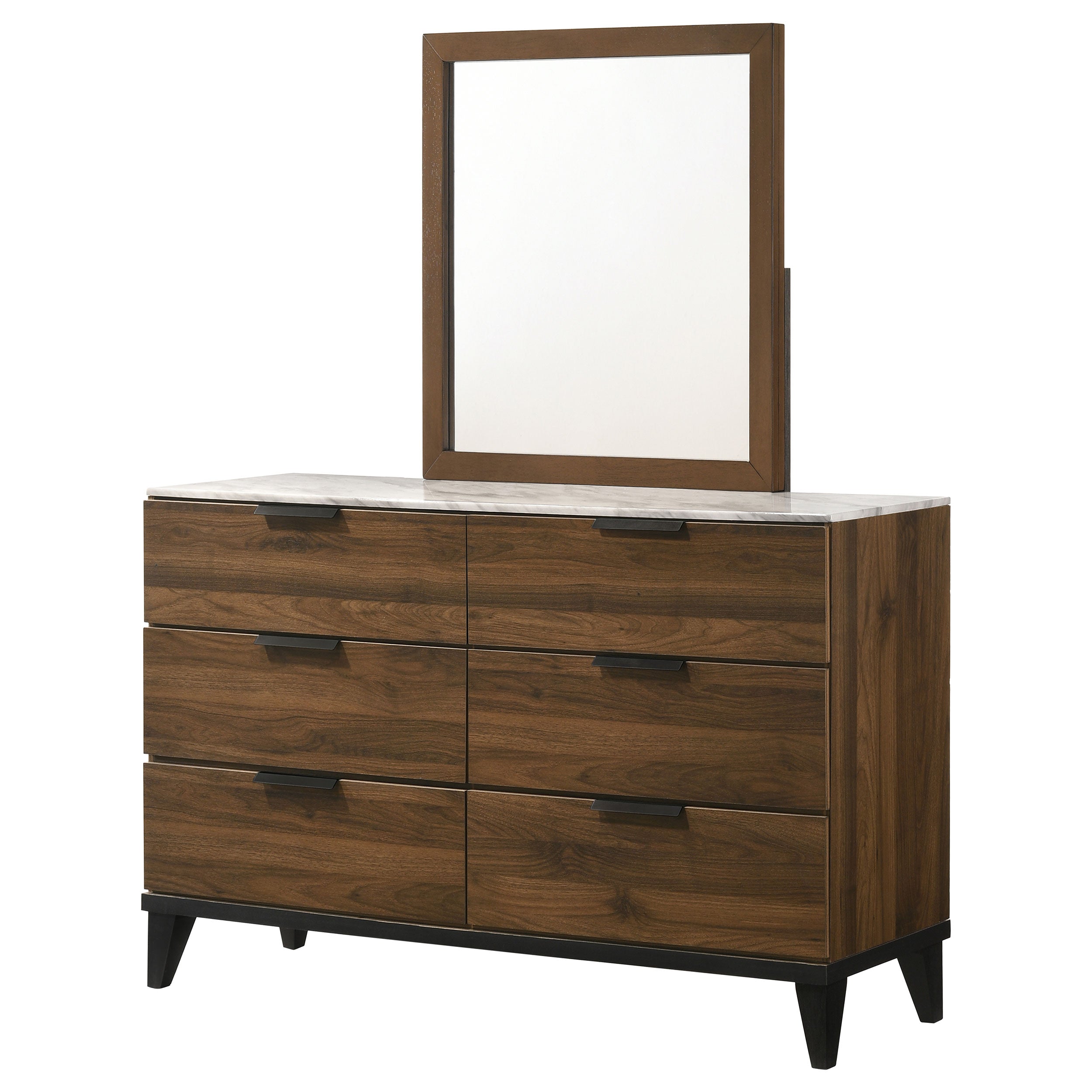 Mays 6-drawer Dresser with Mirror Walnut Brown with Faux Marble Top