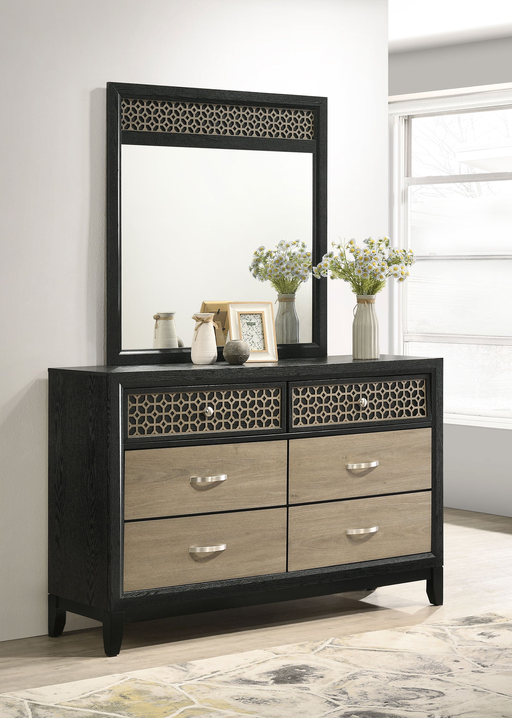 Valencia 6-drawer Dresser with Mirror Light Brown and Black