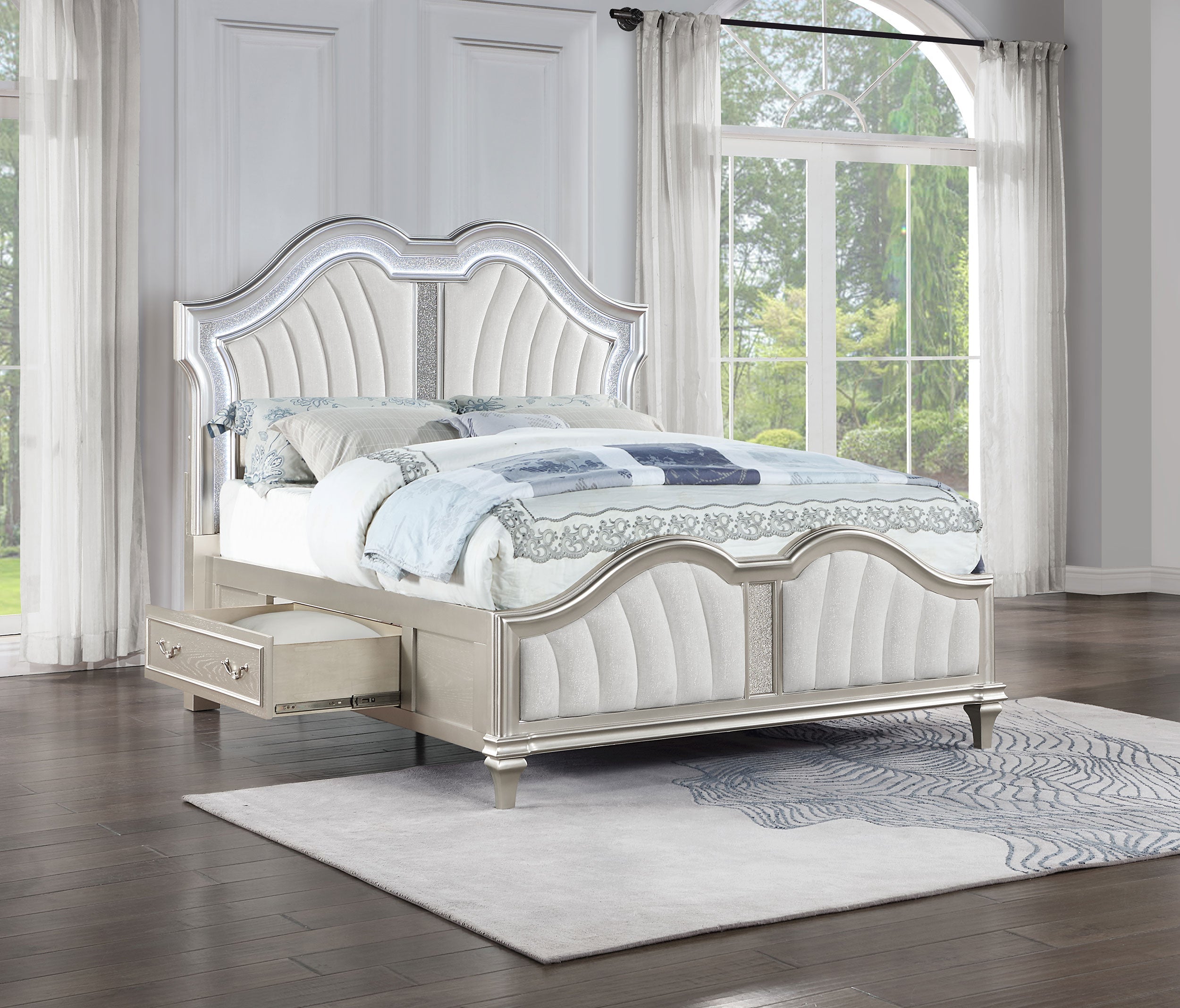 Evangeline  Storage Bed with LED Headboard Silver Oak and Ivory