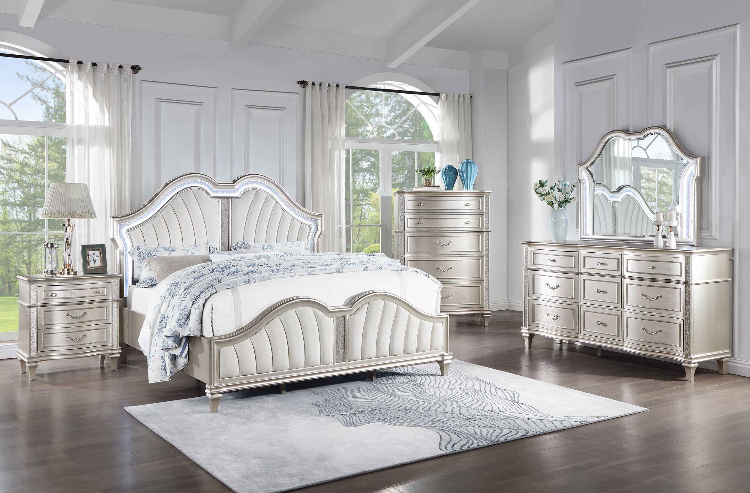 Evangeline Tufted Upholstered Platform  Bed Ivory and Silver Oak