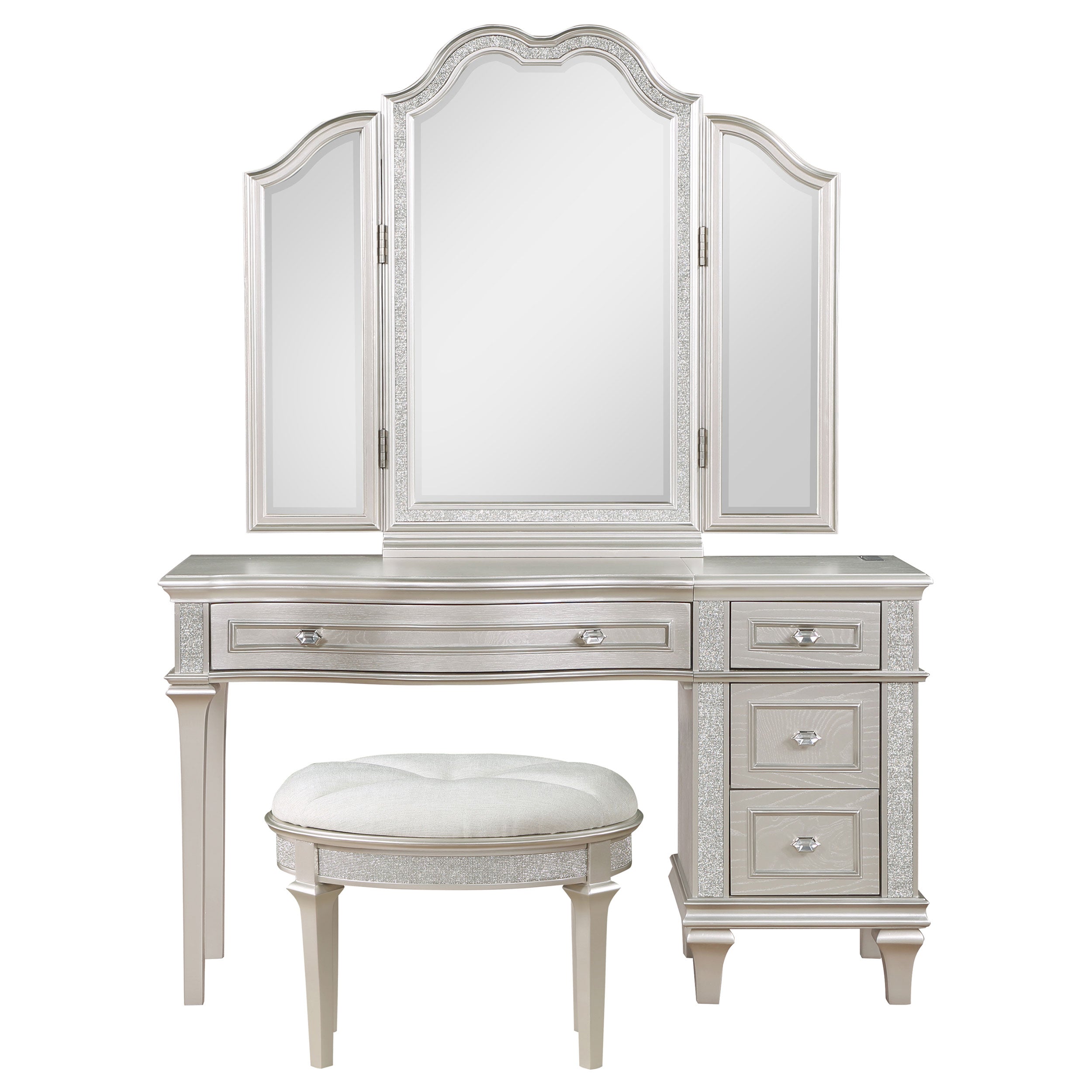 Evangeline 3-piece Vanity Table Set with Tri-Fold Mirror and Stool Silver Oak