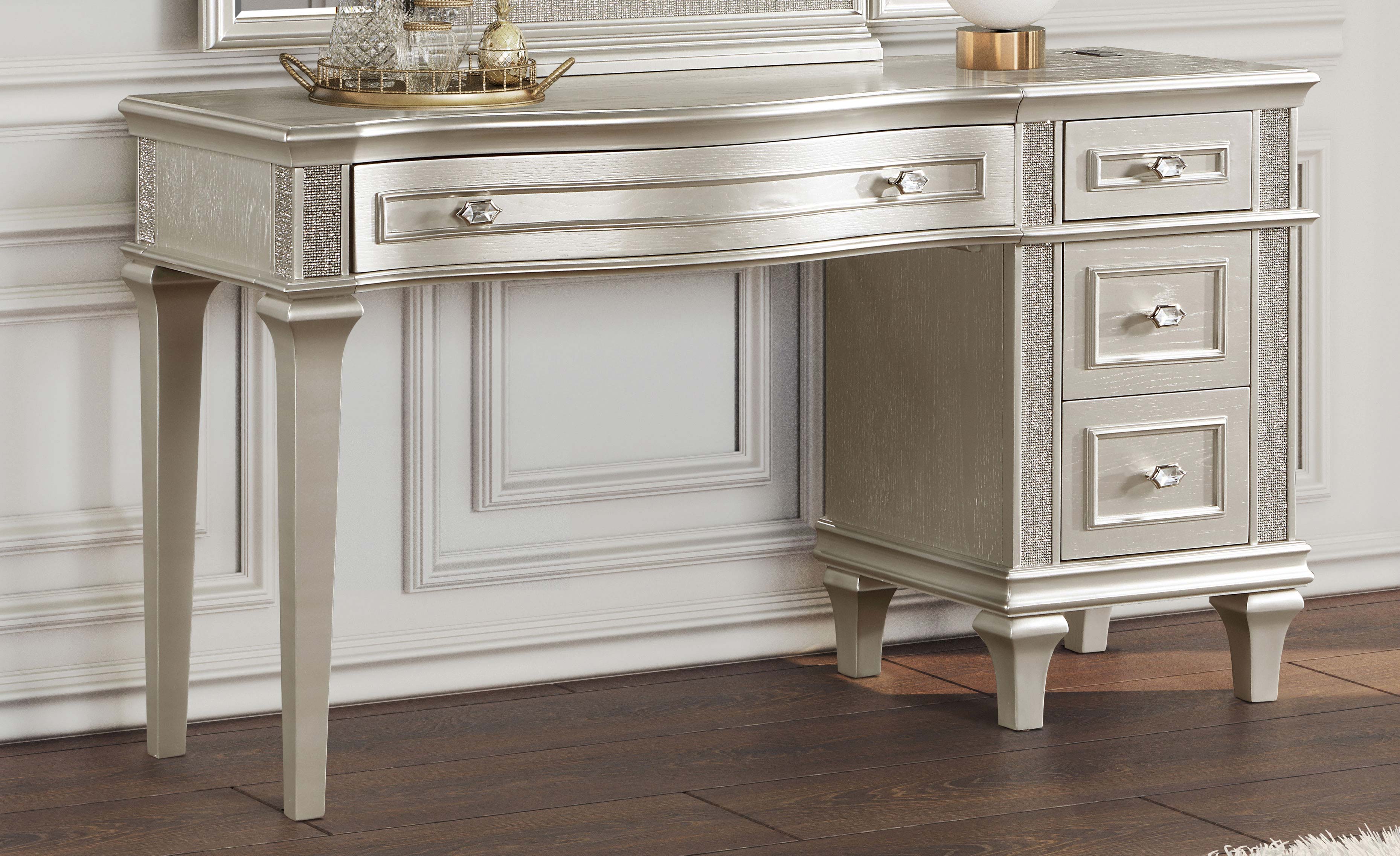 Evangeline 4-drawer Vanity Table with Faux Diamond Trim Silver and Ivory