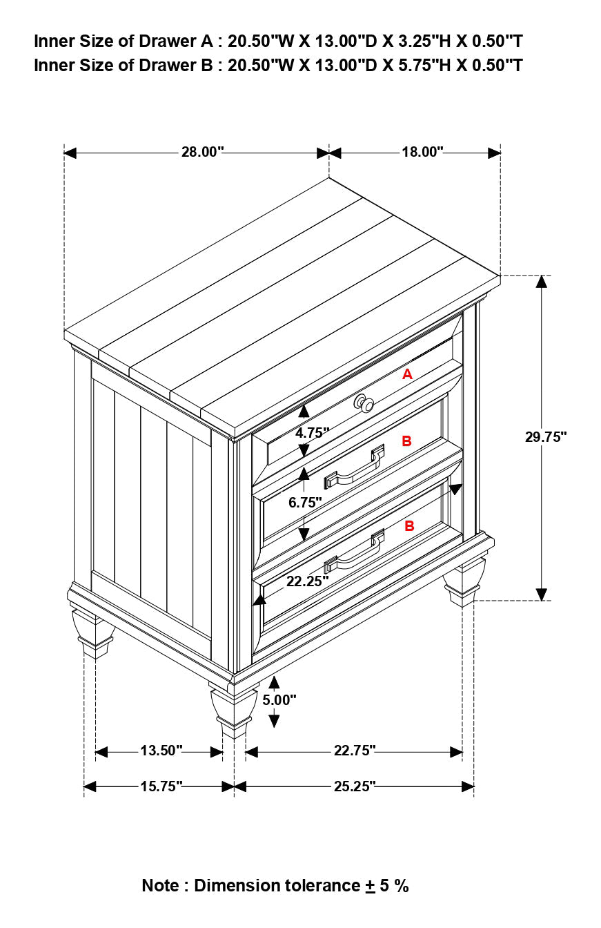 Avenue 3-drawer Rectangular Nightstand with Dual USB Ports Grey