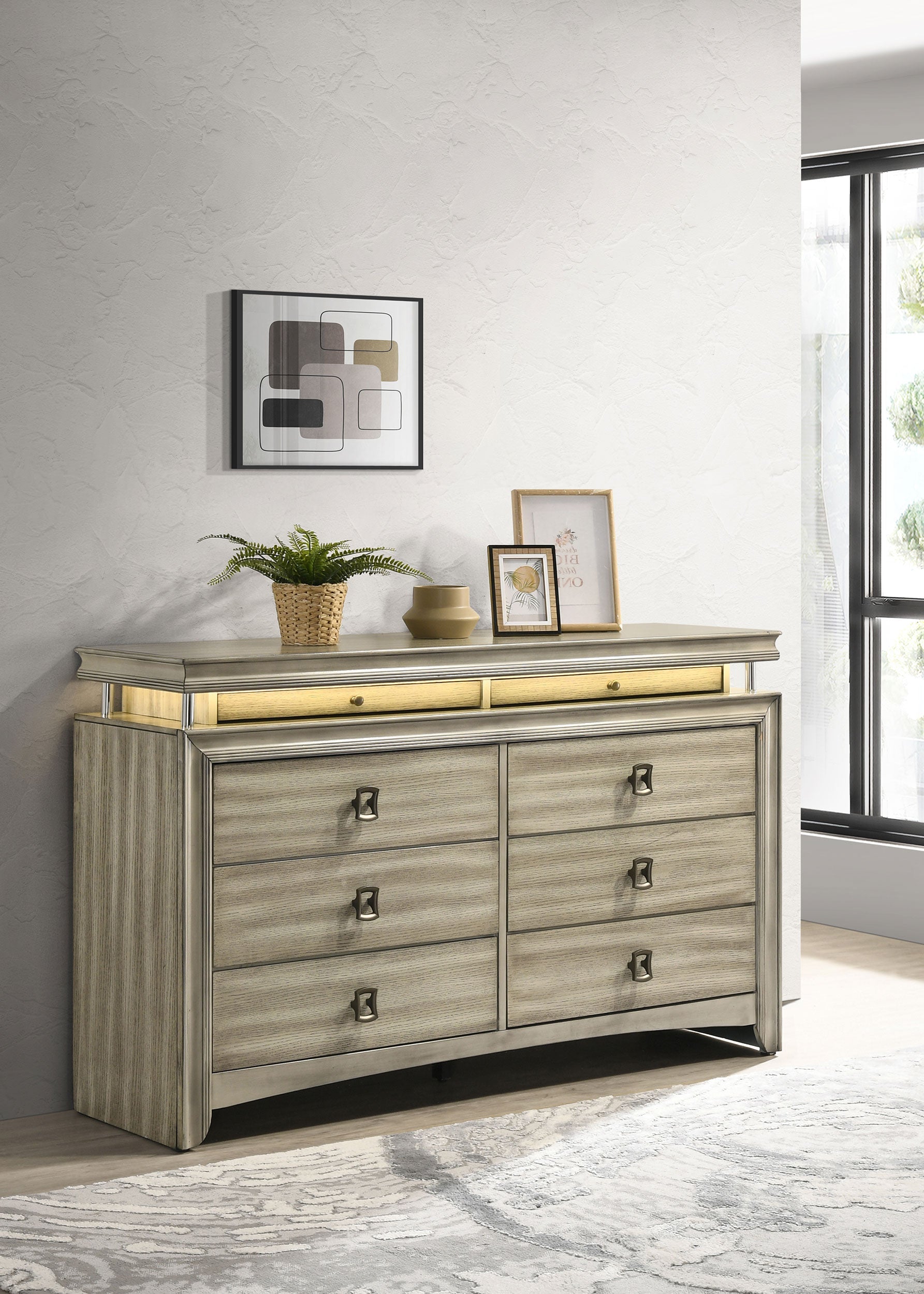 Giselle 8-drawer Bedroom Dresser with Mirror with LED Rustic Beige