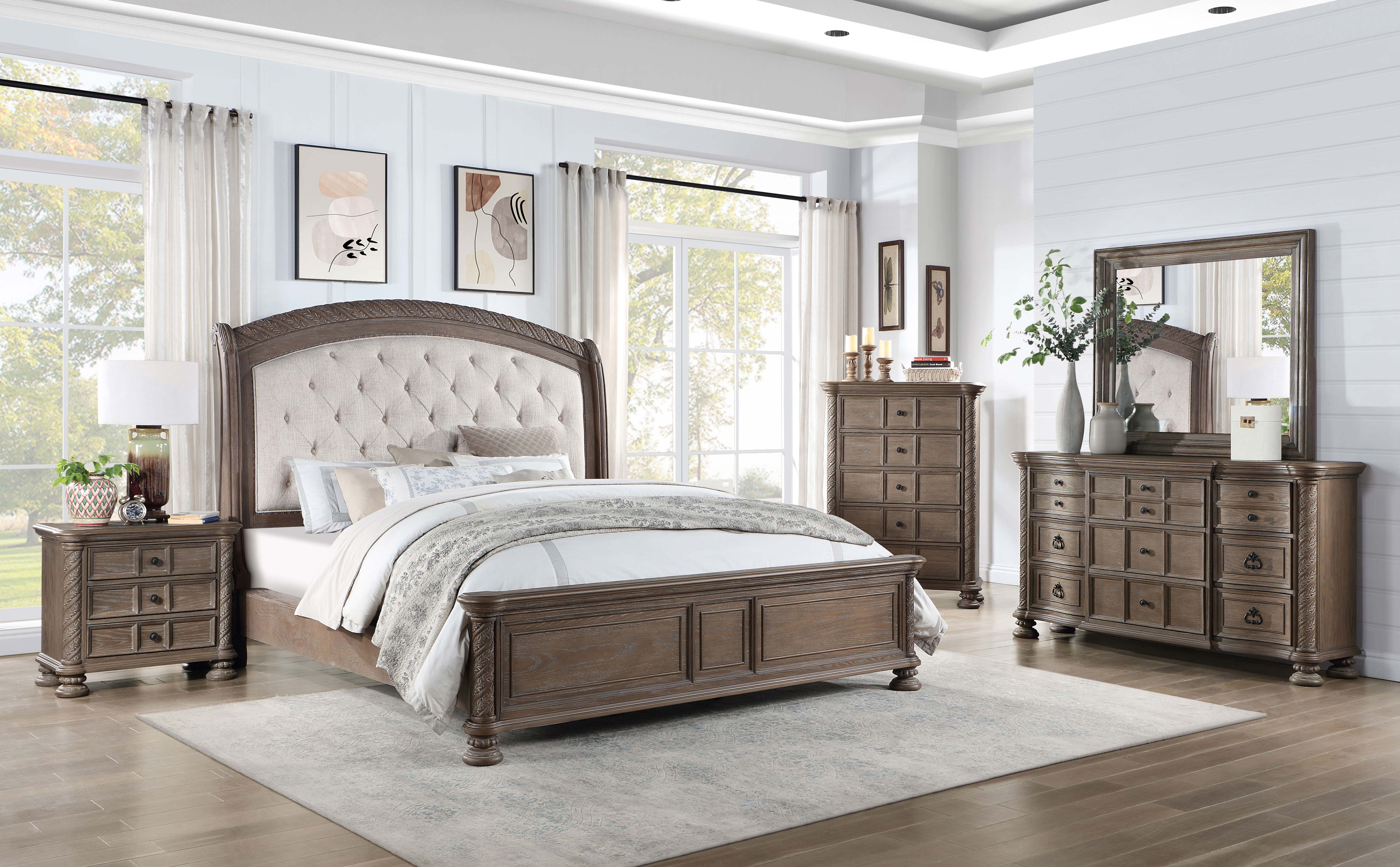 Emmett Tufted Headboard  Panel Bed Walnut and Beige