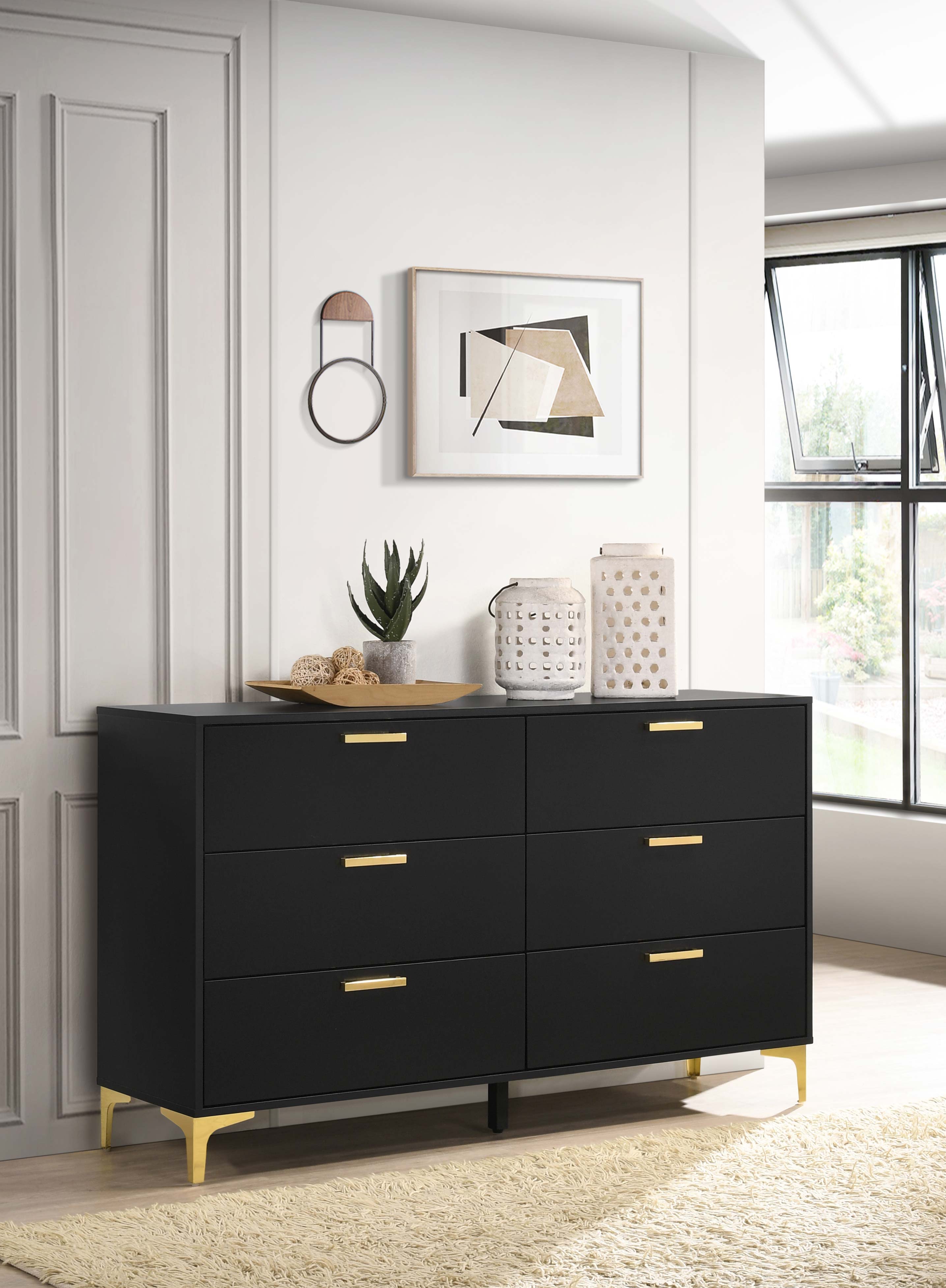 Kendall 6-drawer Dresser with Mirror Black and Gold