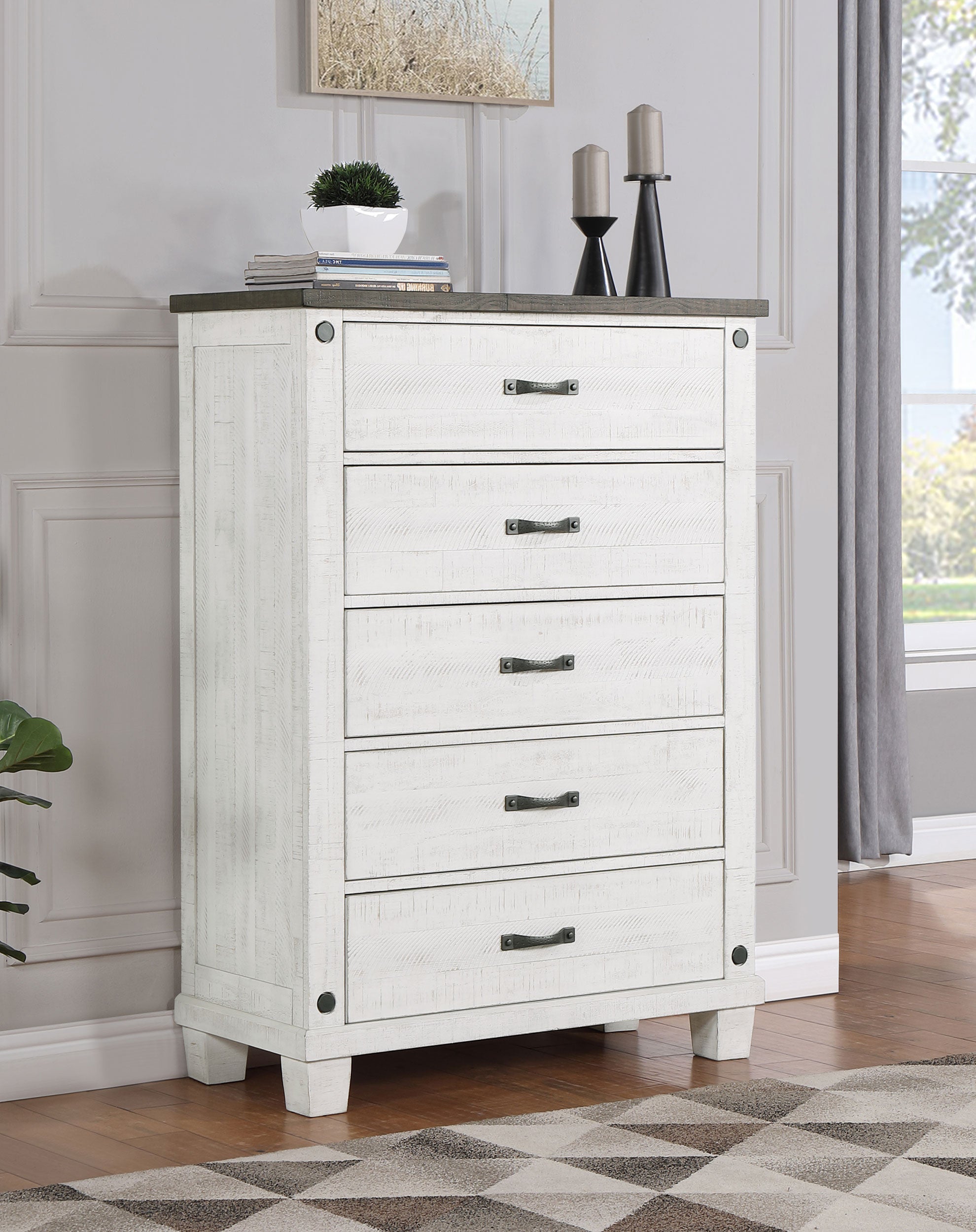 Lilith 5-drawer Chest Distressed Grey and White