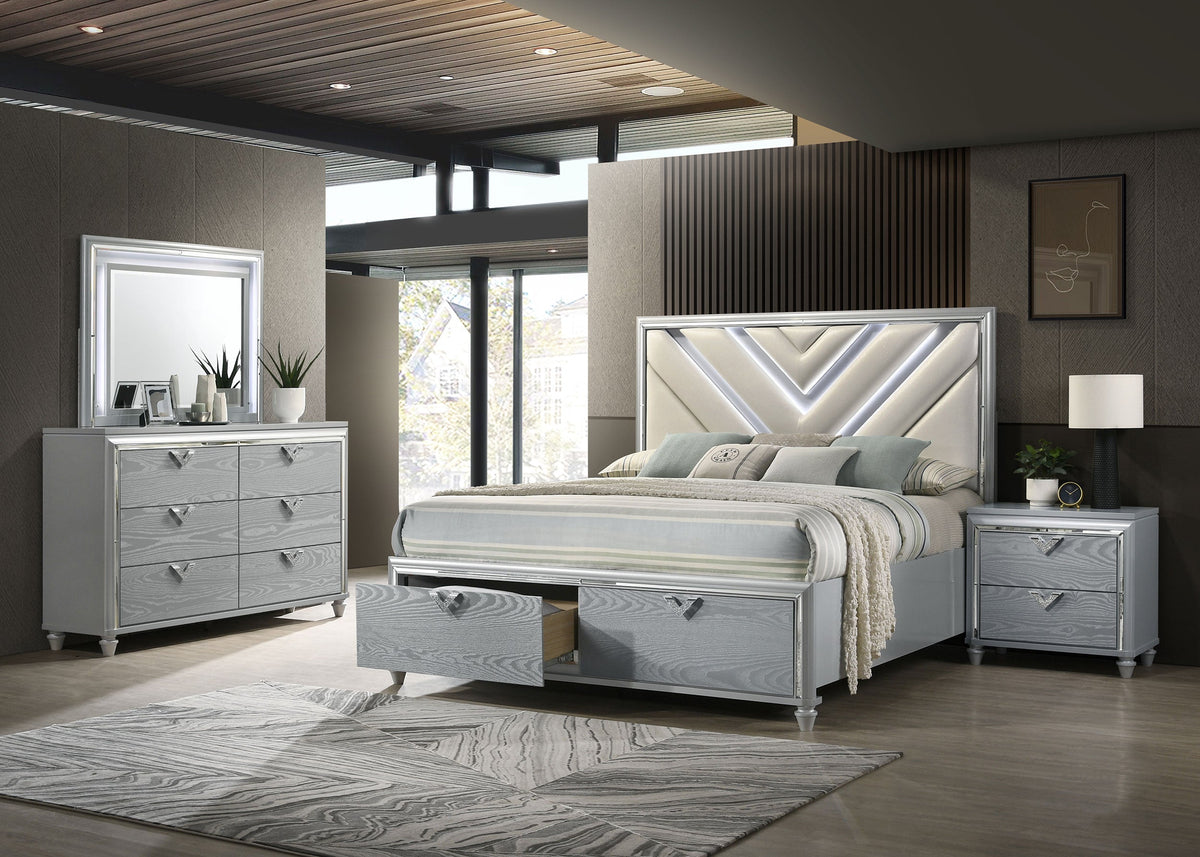 Veronica   Bedroom Set with Upholstered LED Headboard Light Silver