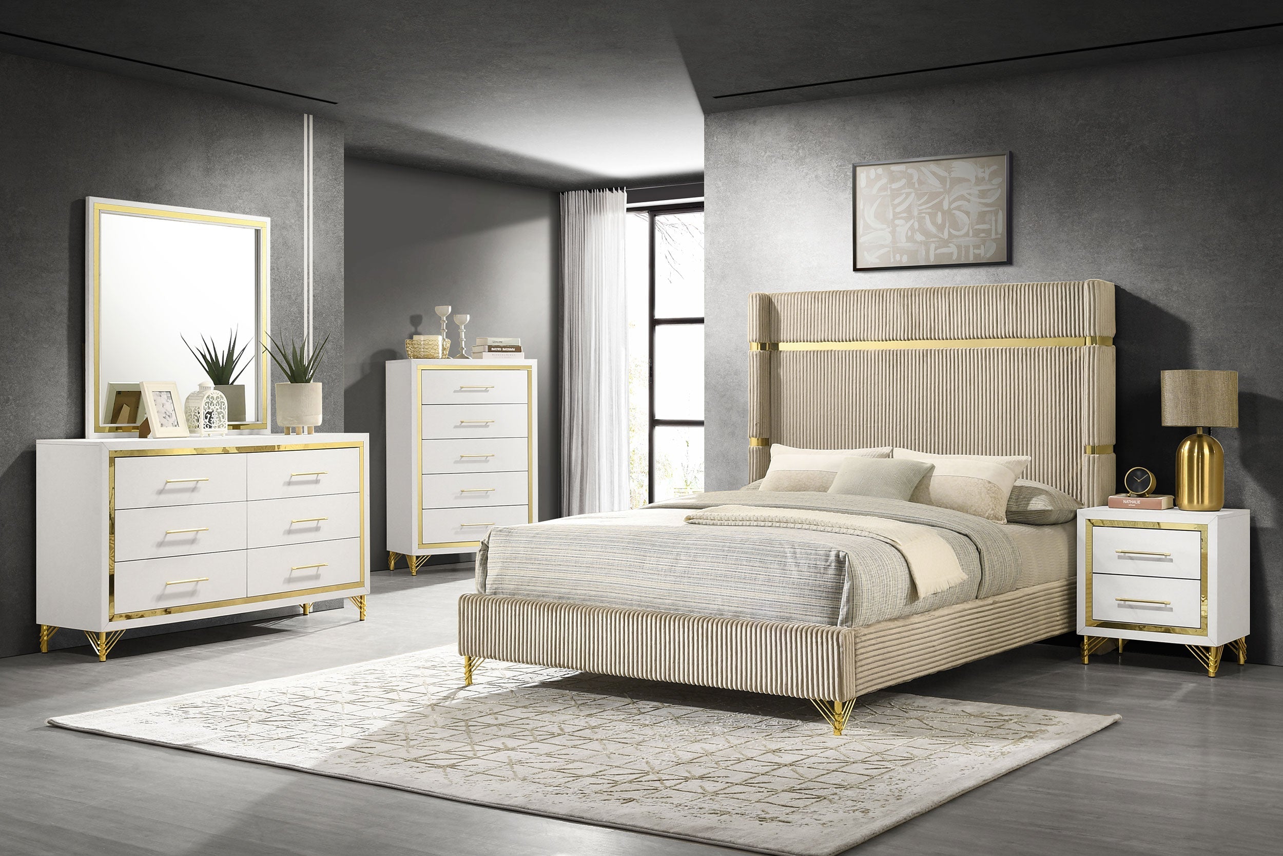 Lucia  Bedroom Set with Upholstered  Wingback Panel Bed Beige