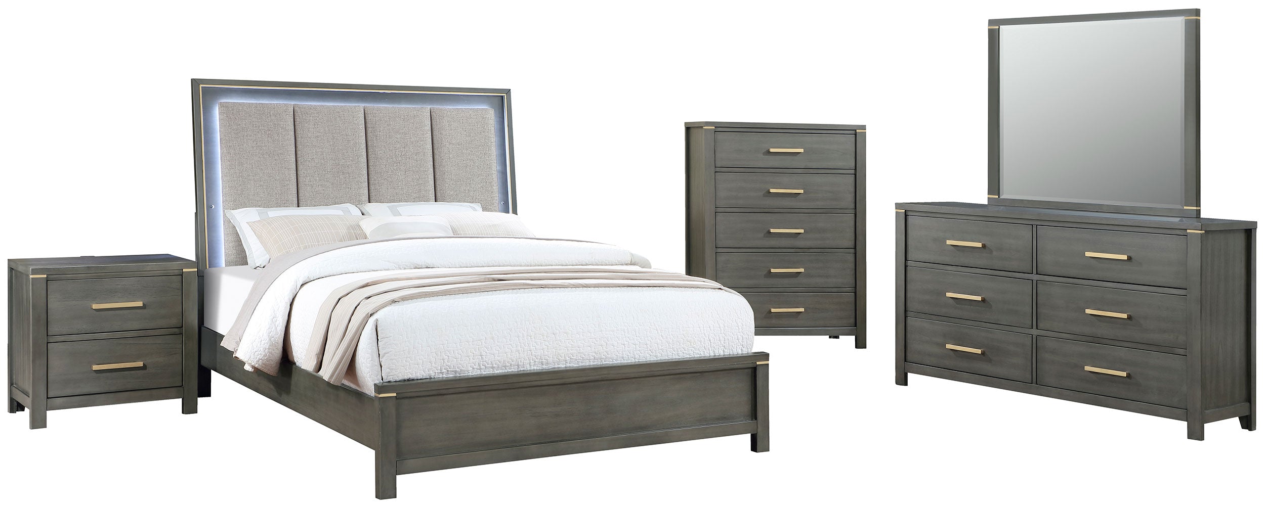 Kieran   Bedroom Set with Upholstered LED Headboard Grey