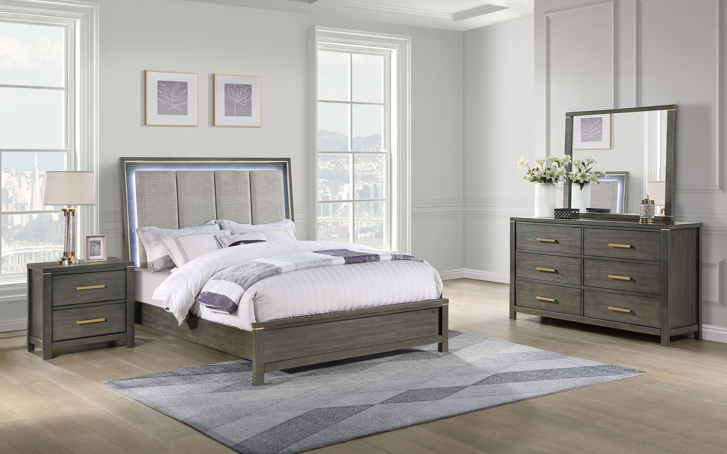 Kieran   Bedroom Set with Upholstered LED Headboard Grey