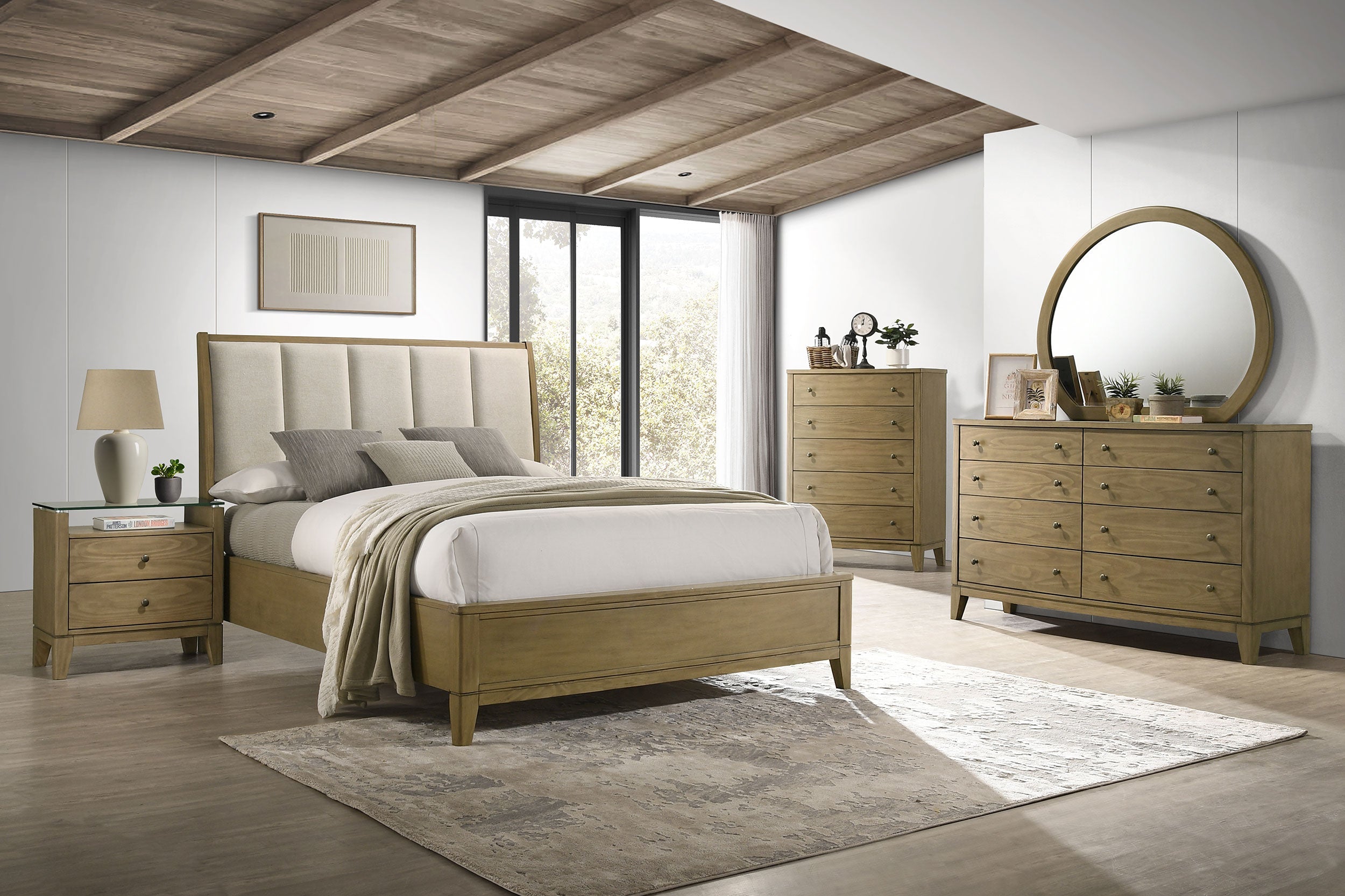 Granada Upholstered  Panel Bed Natural Pine