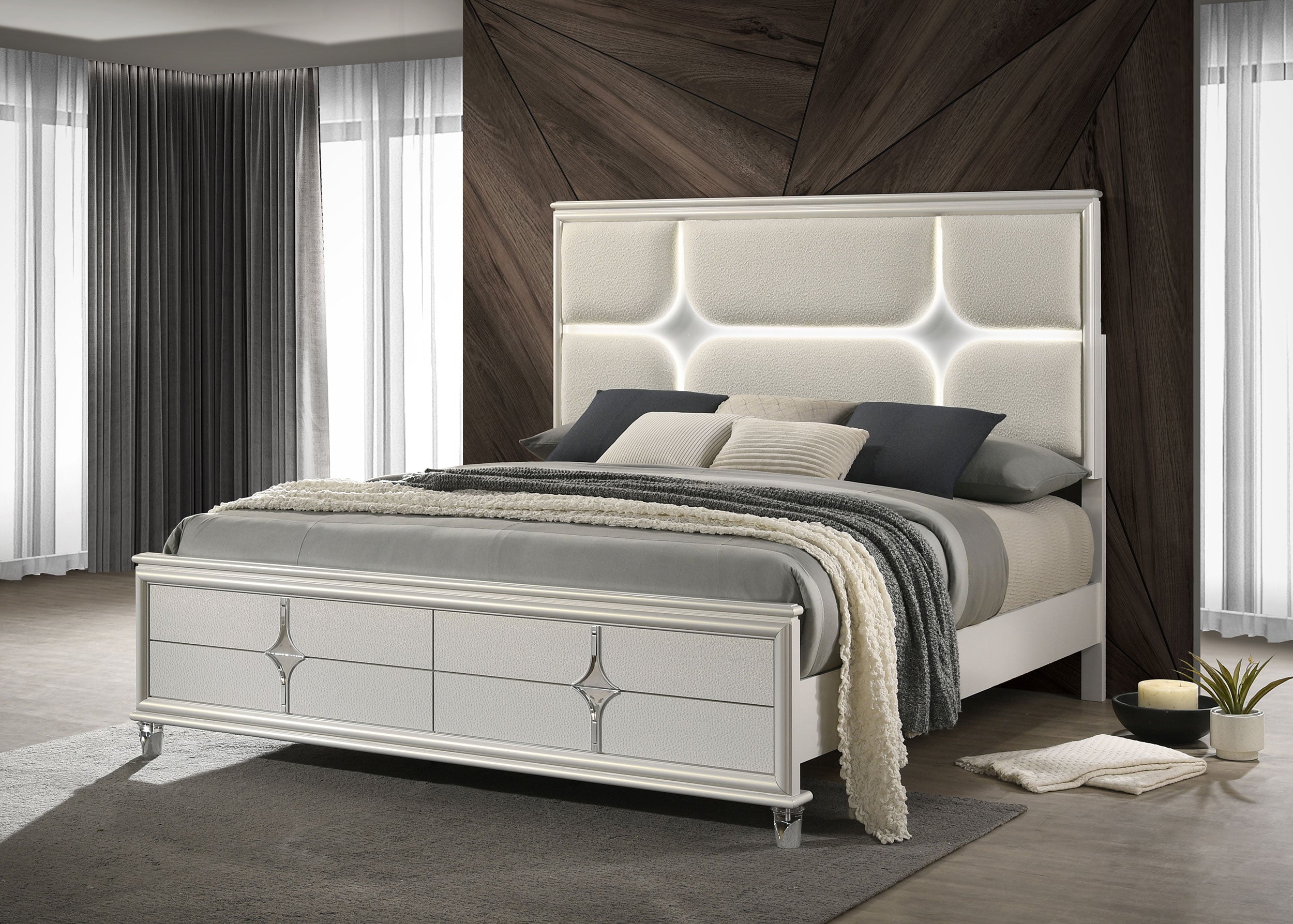 Olivia  Panel Bed LED Headboard Pearl White