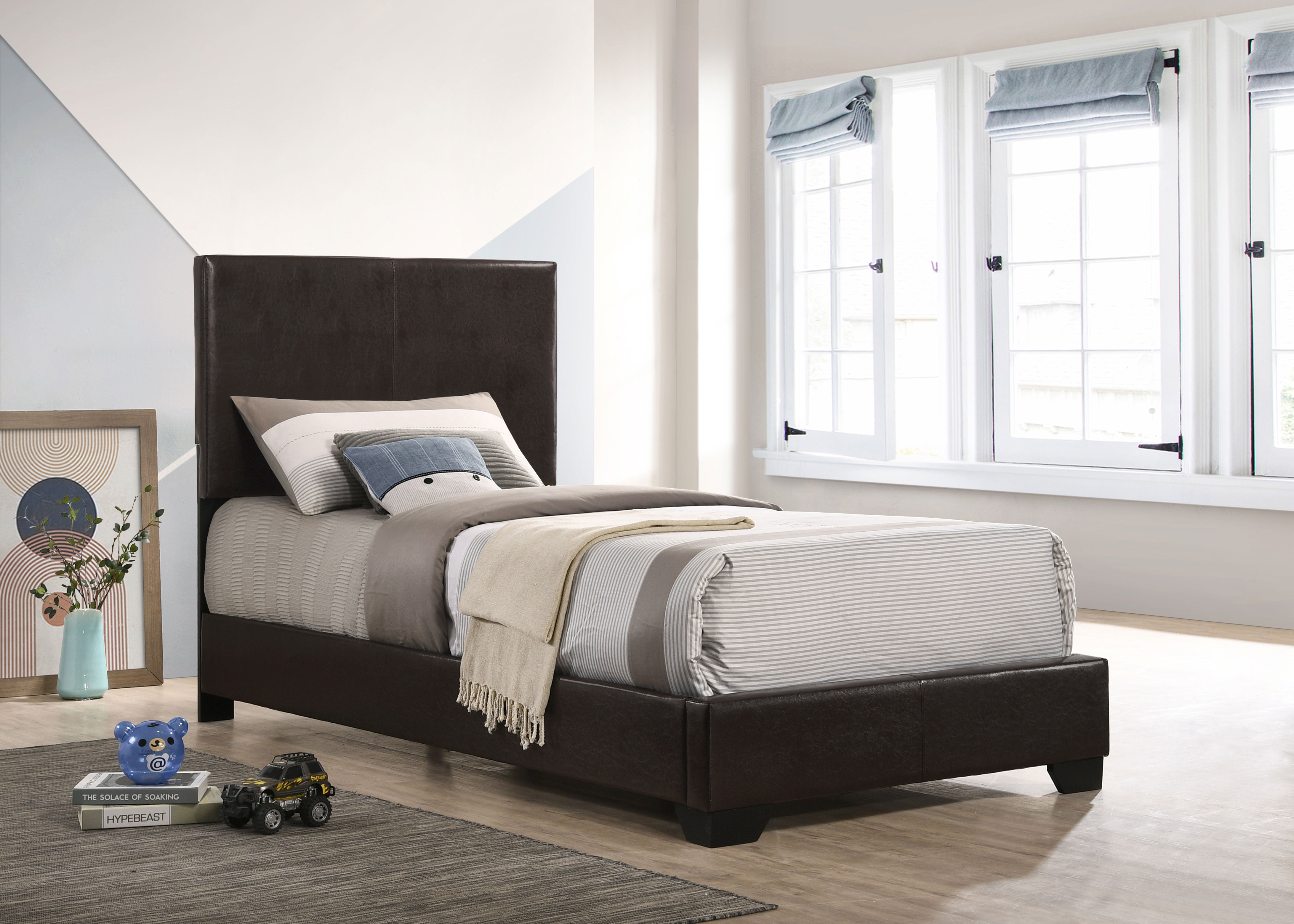 Conner  Upholstered Panel Bed Black and Dark Brown