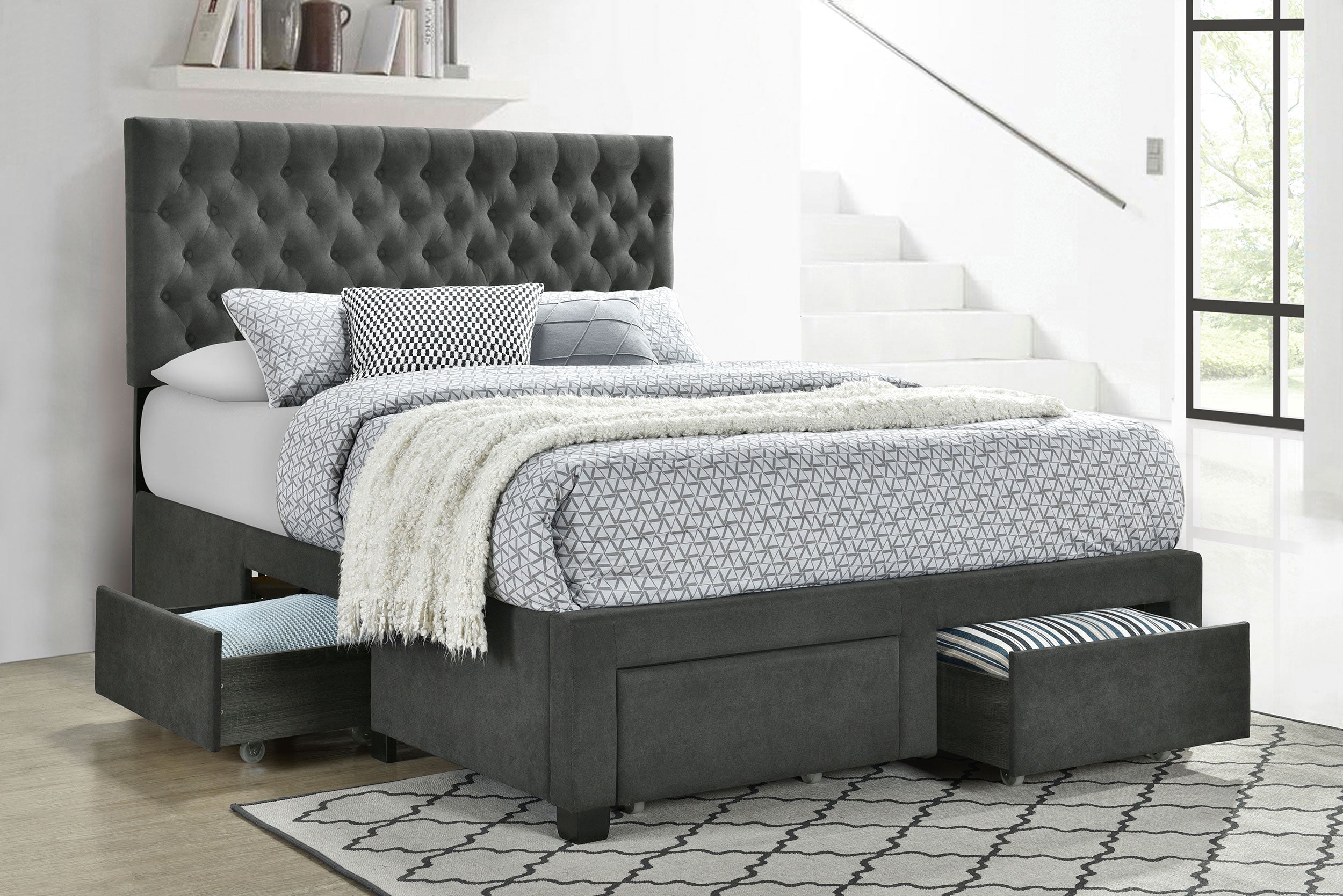 Soledad  4-drawer Button Tufted Storage Bed Charcoal