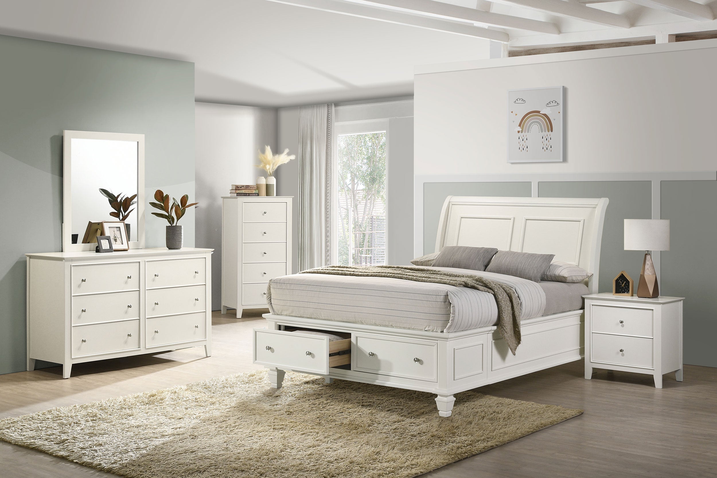 Selena Twin Sleigh Bed with Footboard Storage Cream White