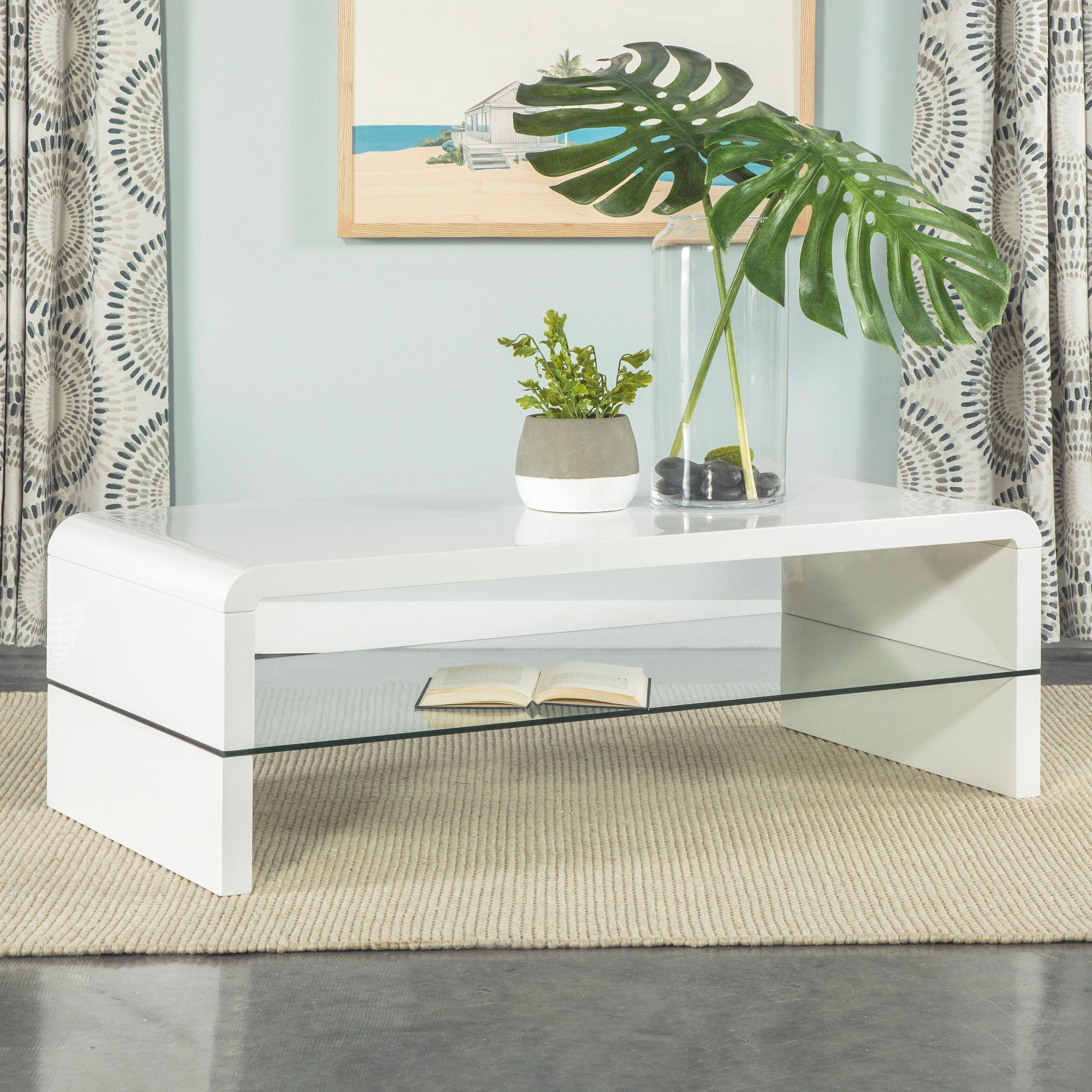 Airell Rectangular Coffee Table with Glass Shelf White High Gloss