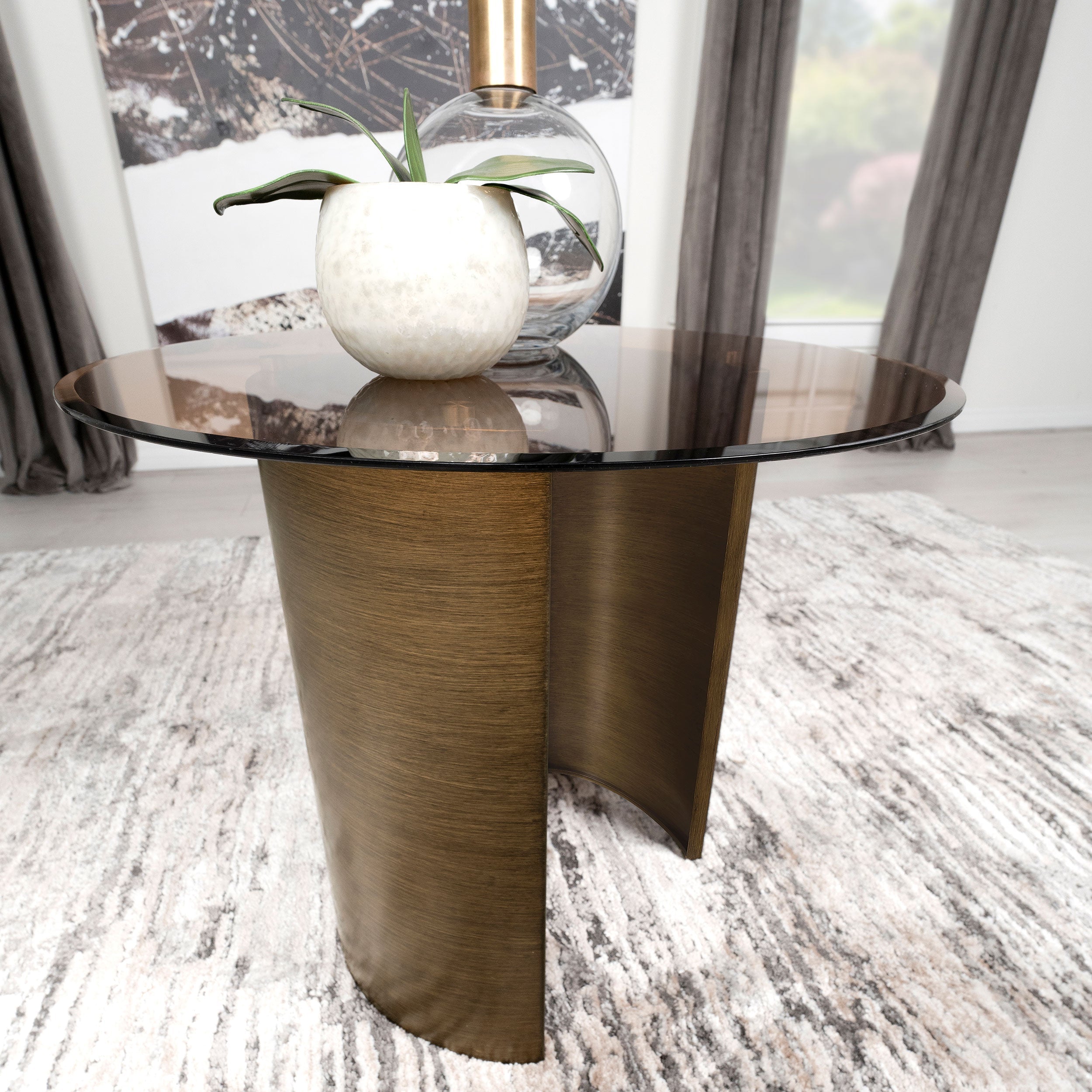 Morena Round End Table with Tawny Tempered Glass Top Brushed Bronze