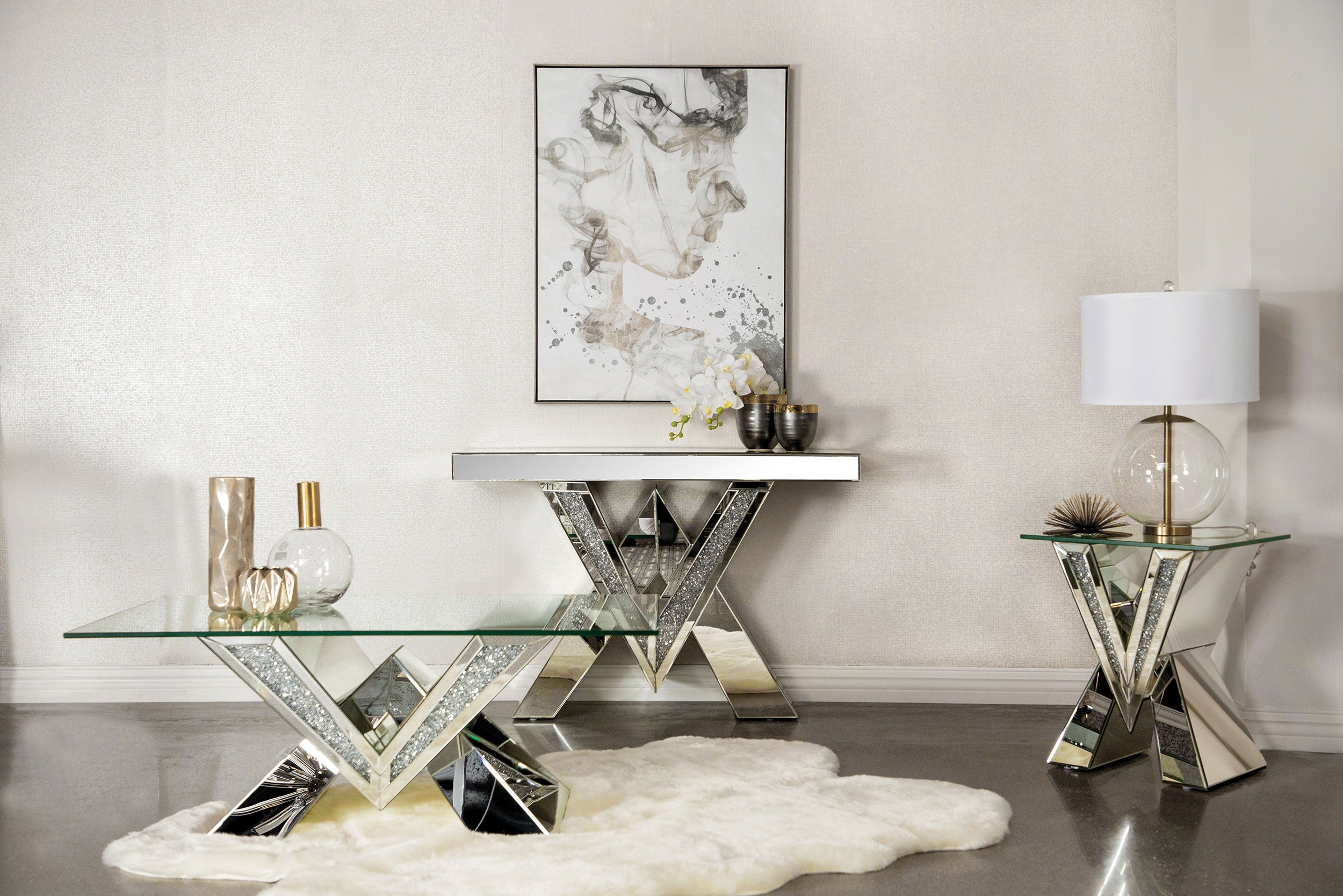 Taffeta V-shaped Coffee Table with Glass Top Silver