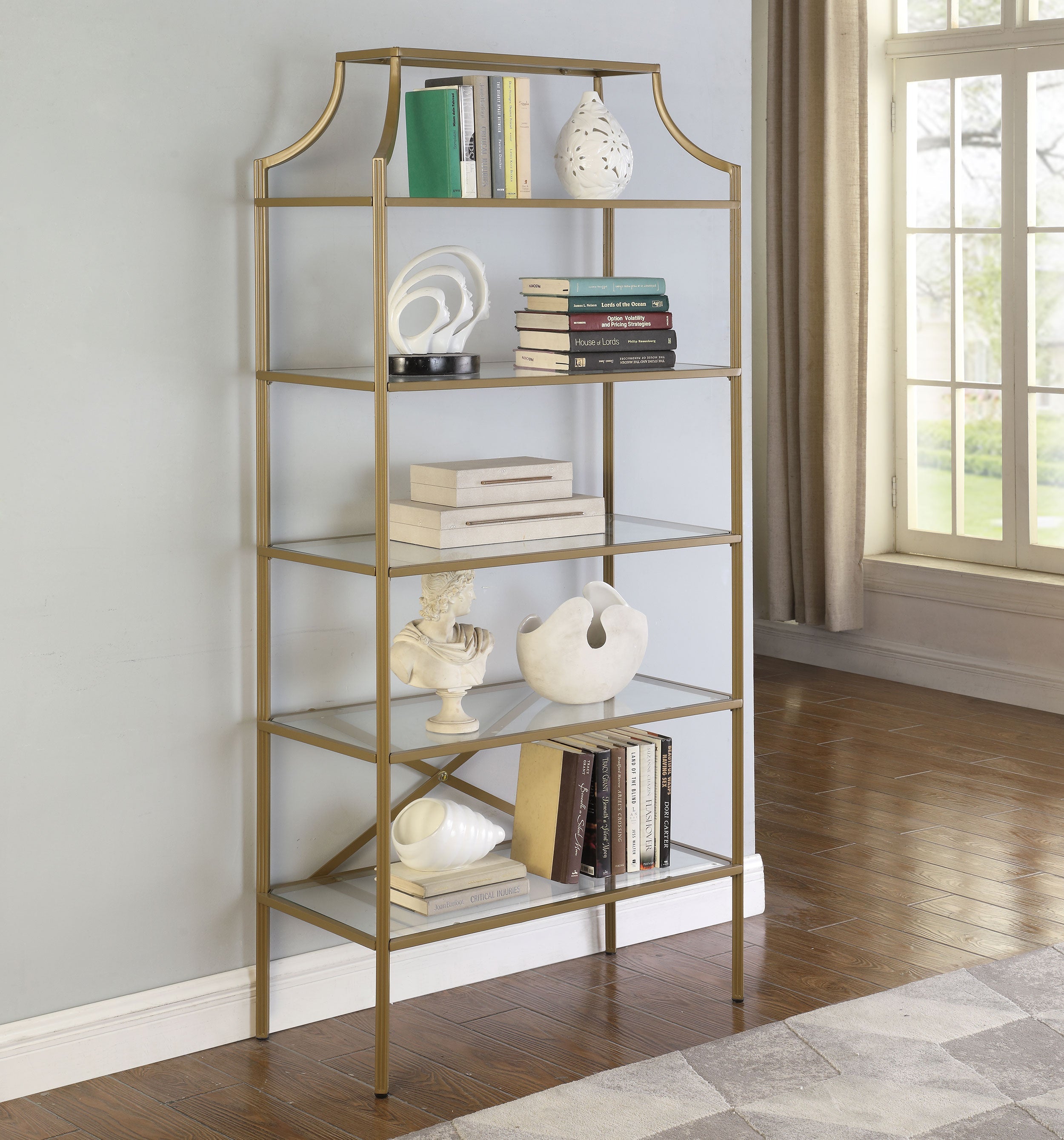 Serena 5-tier Tempered Glass Shelves Bookcase Matte Gold