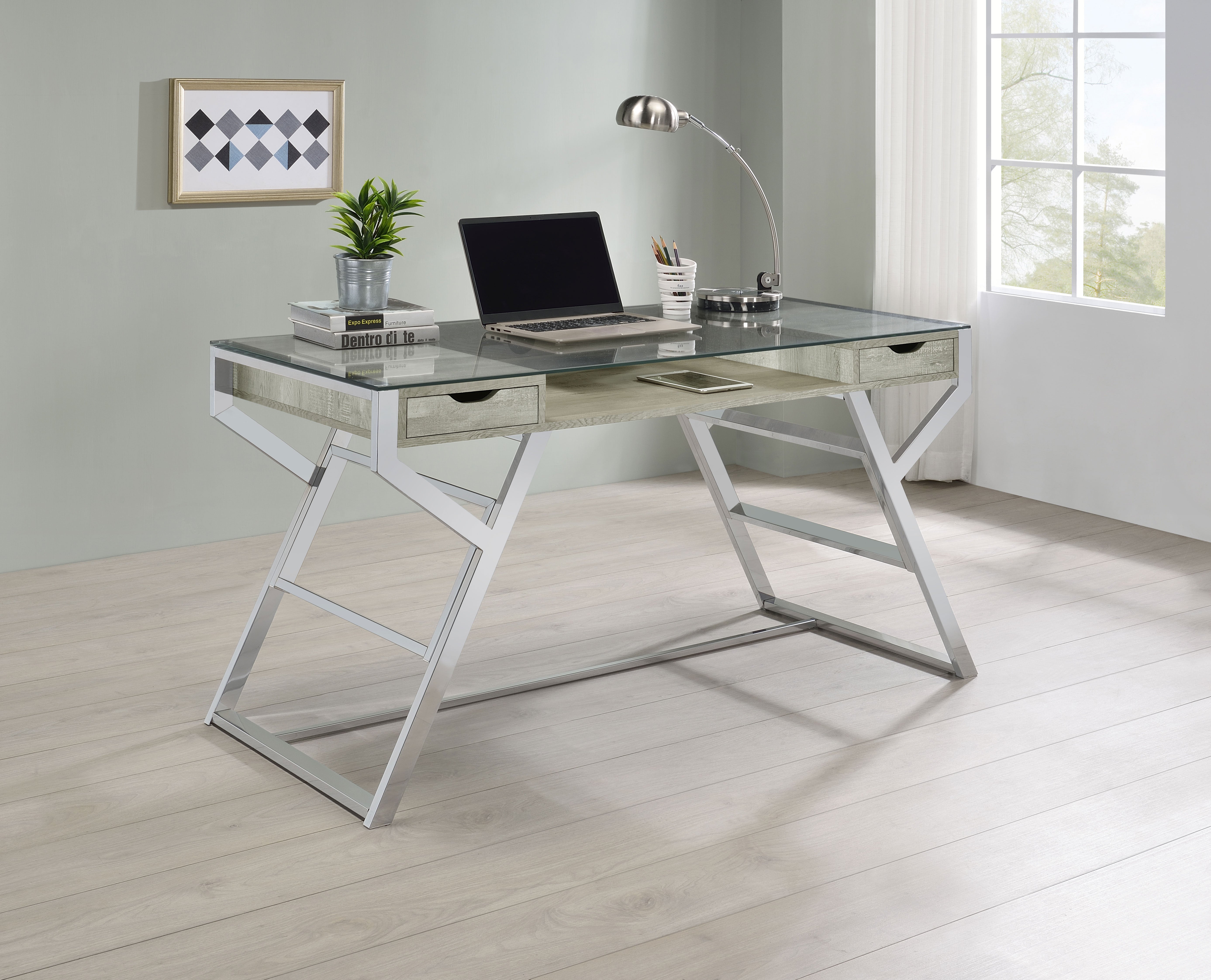 Emelle 2-drawer Glass Top Writing Desk Grey Driftwood and Chrome