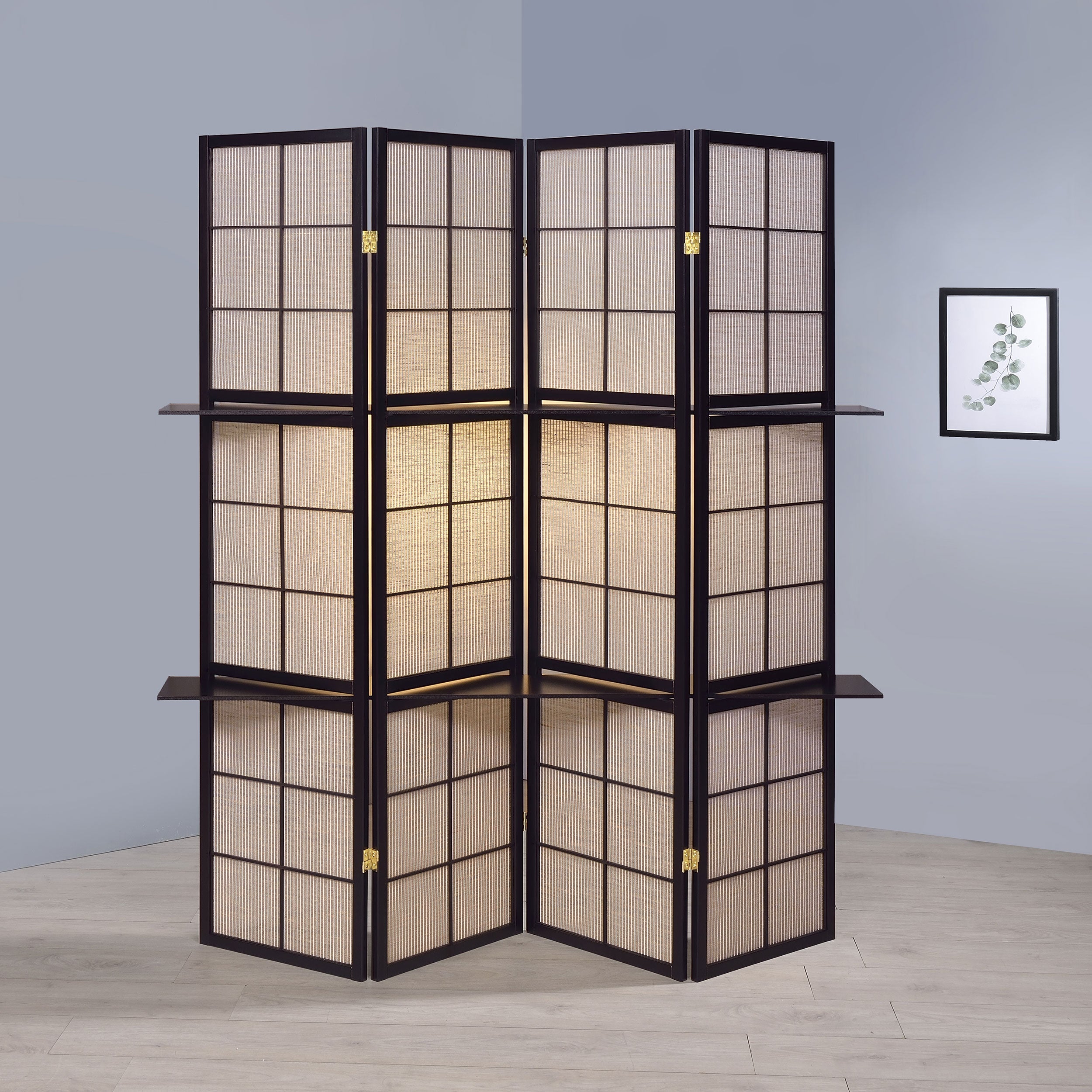 Iggy 4-panel Folding Screen with Removable Shelves Tan and Cappuccino