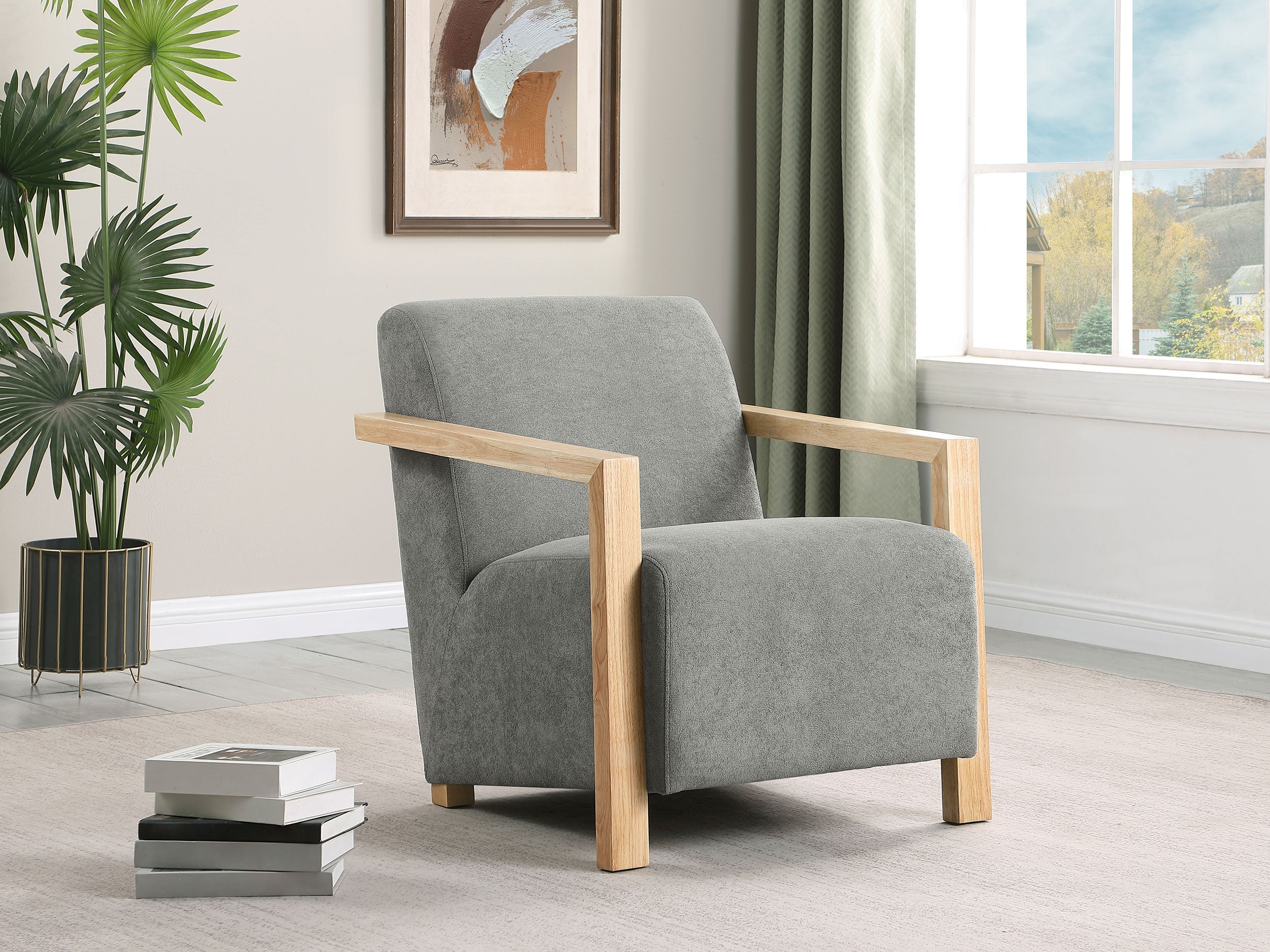 Diego Upholstered Accent Arm Chair with Wood Arms Grey