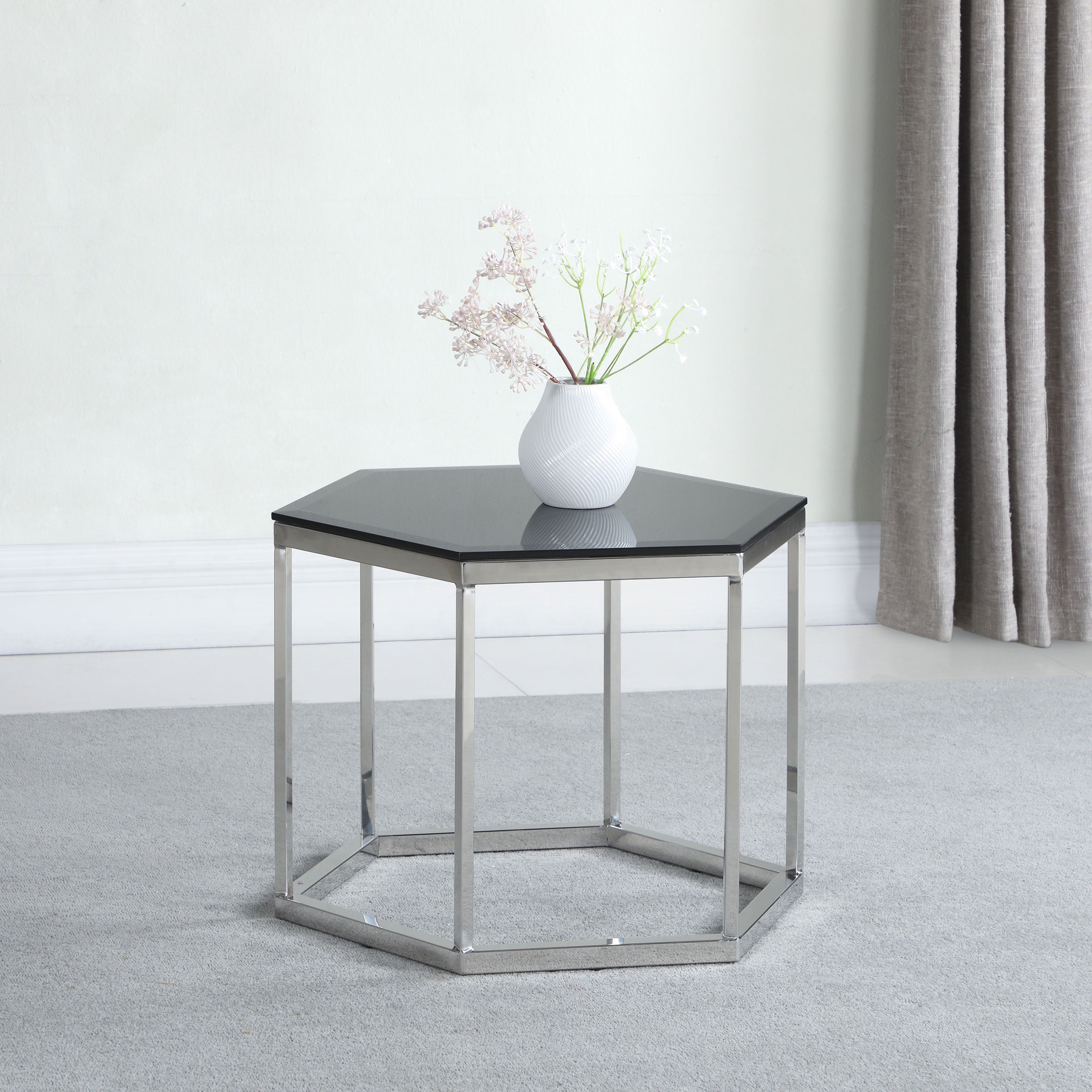 Hexagon Glass Top Accent Table Black and Silver