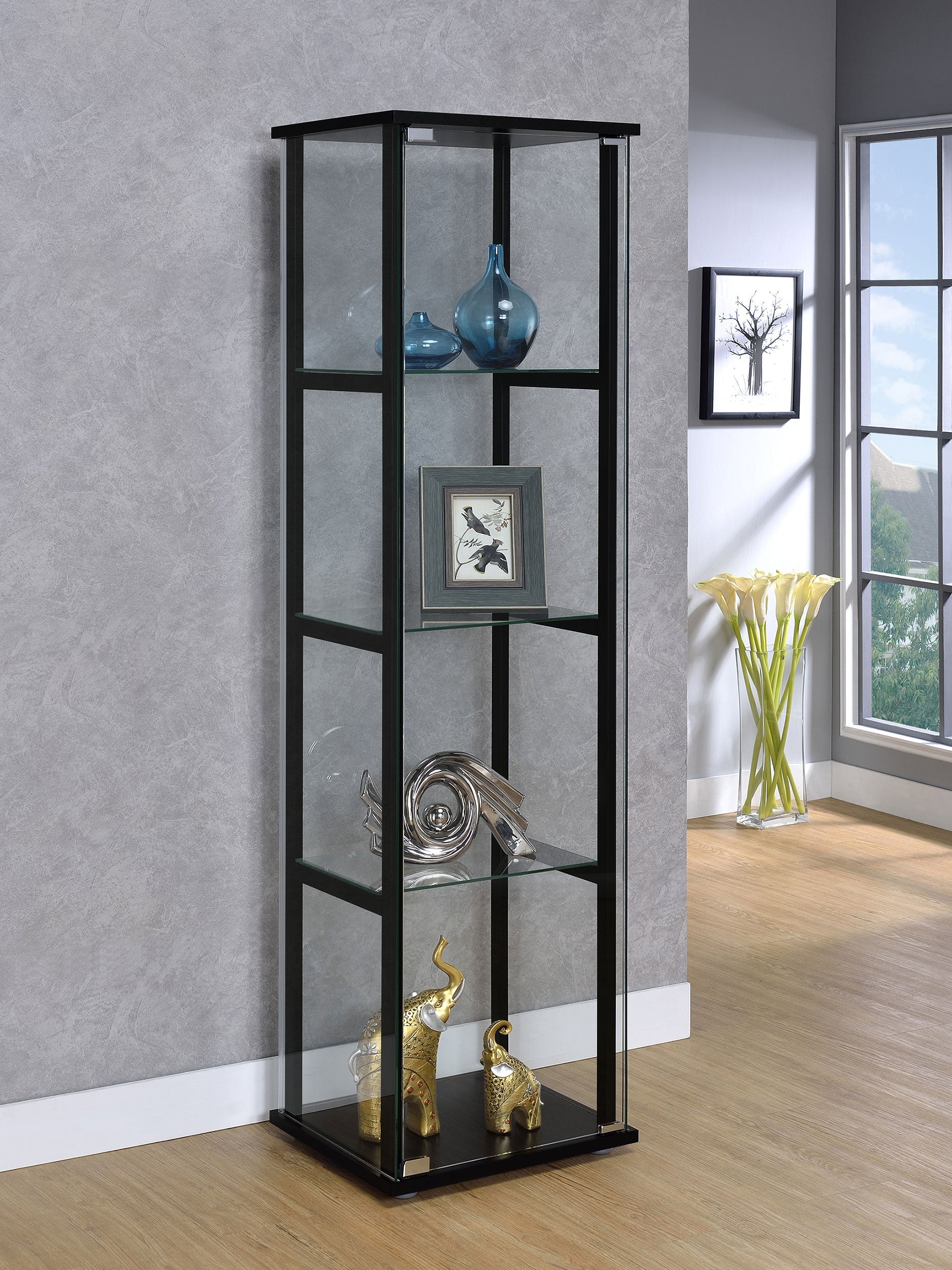 Cyclamen 4-shelf Glass Curio Cabinet Black and Clear