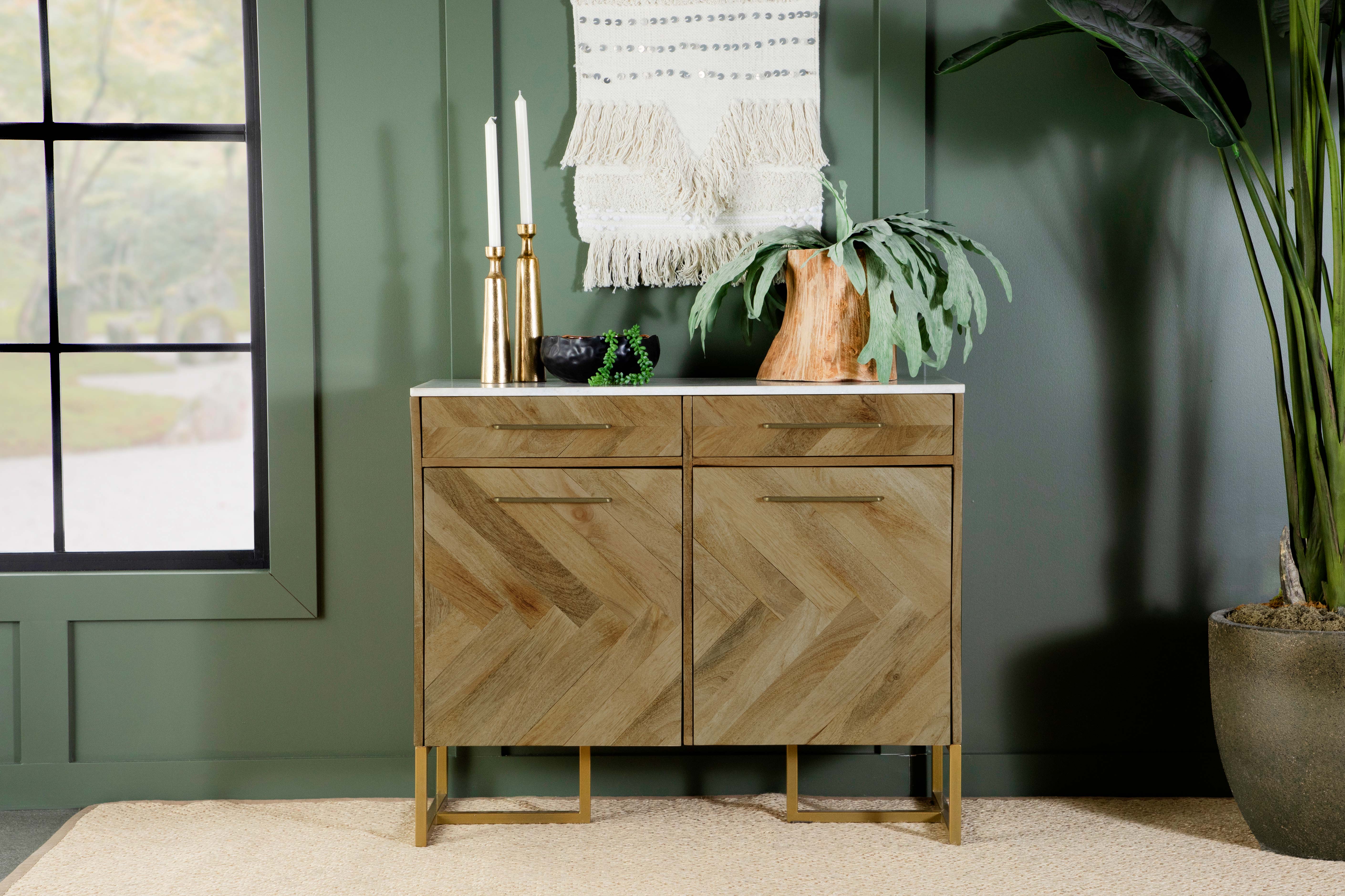 Keaton 2-door Accent Cabinet with Marble Top Natural and Antique Gold