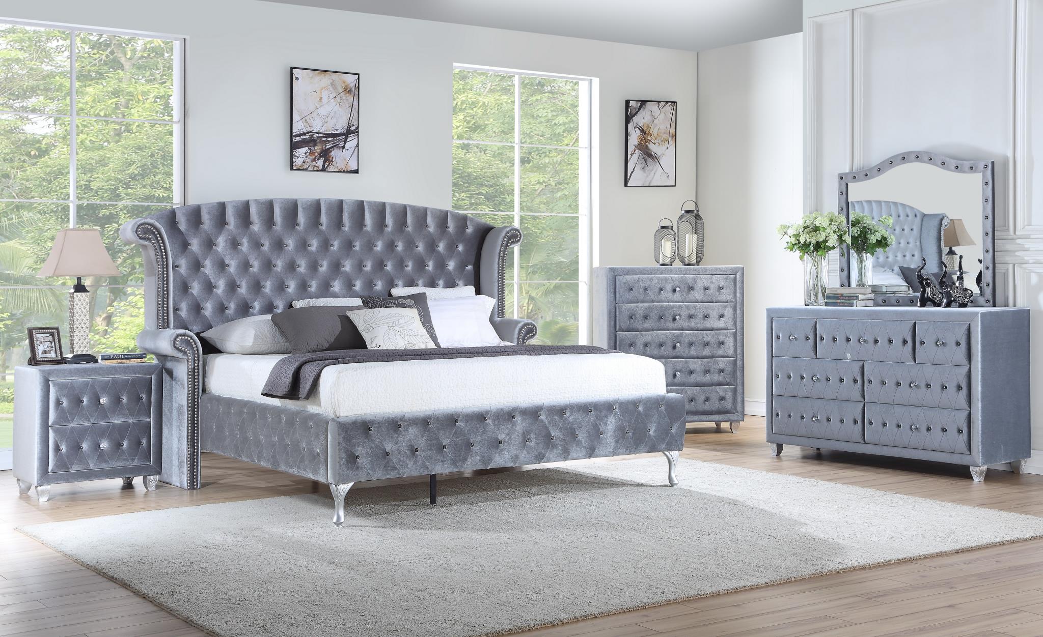 Gray Velvet Queen Bed