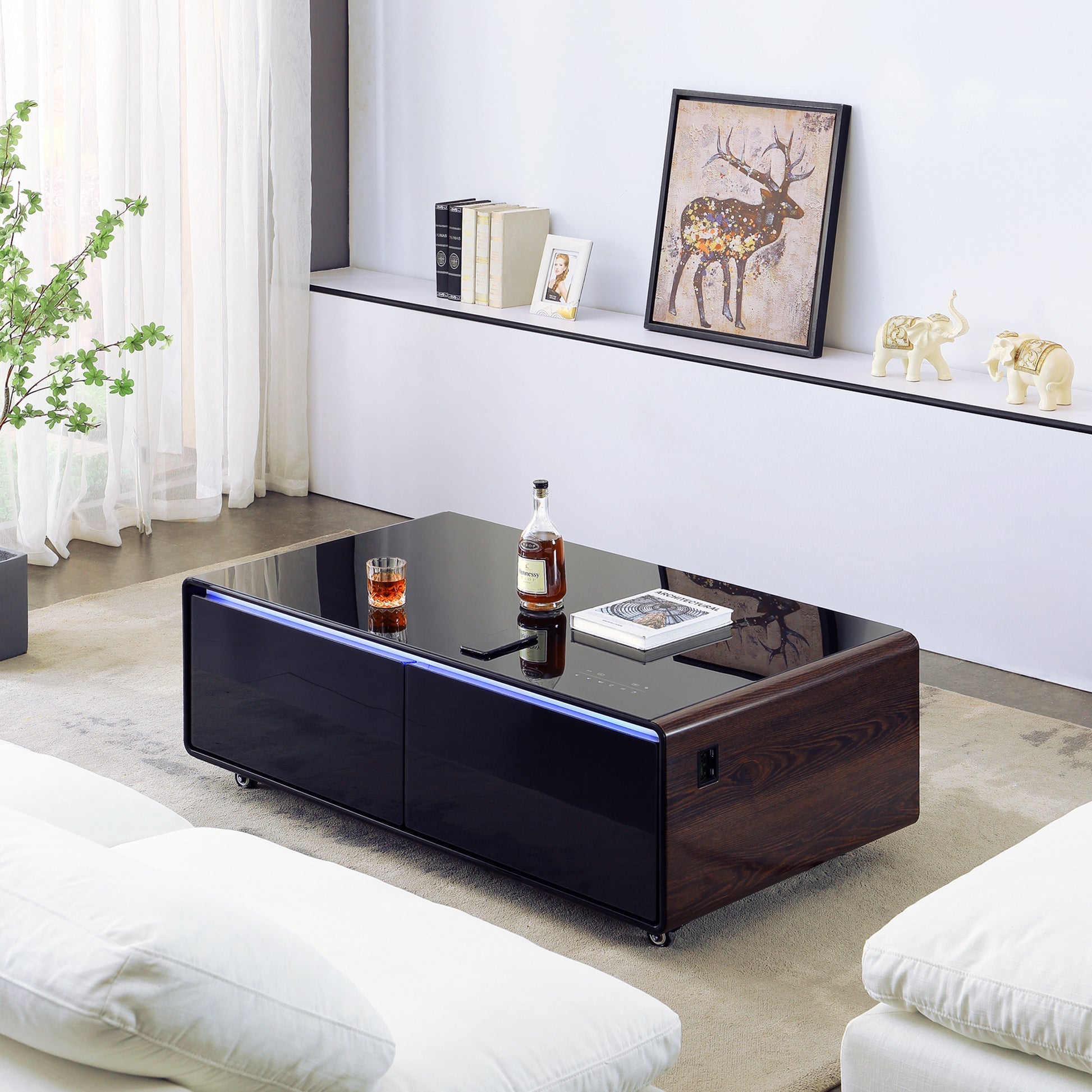 Framhild Coffee Table with Fridge and Bluetooth Speakers