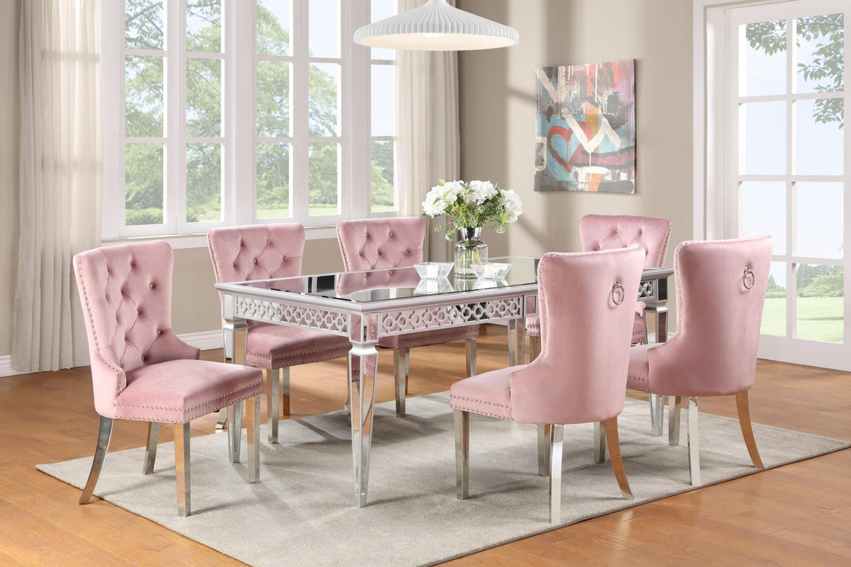 Table & 6 Pink Velvet Side Chairs