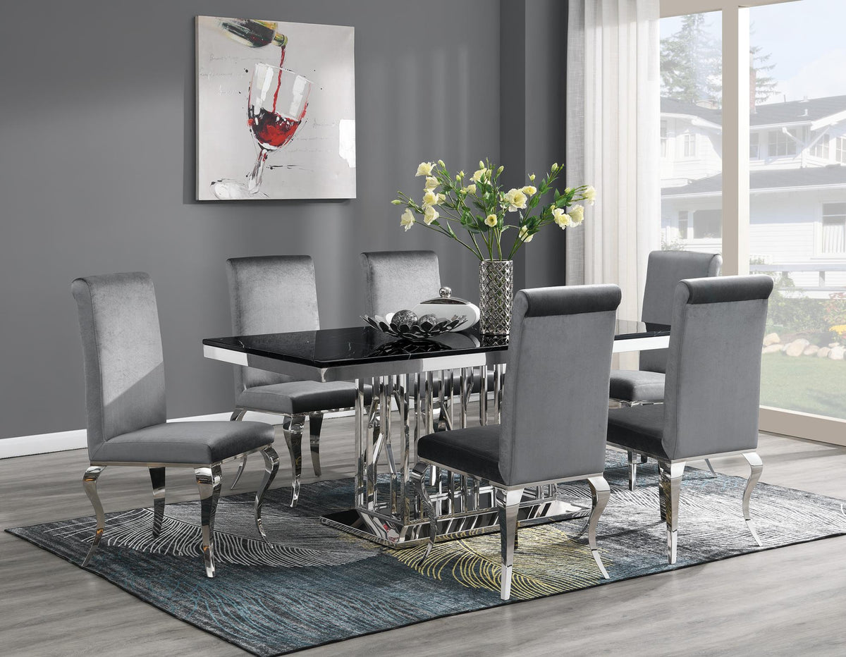 Dining Table (Black Marble) & 4 Gray Velvet Chairs