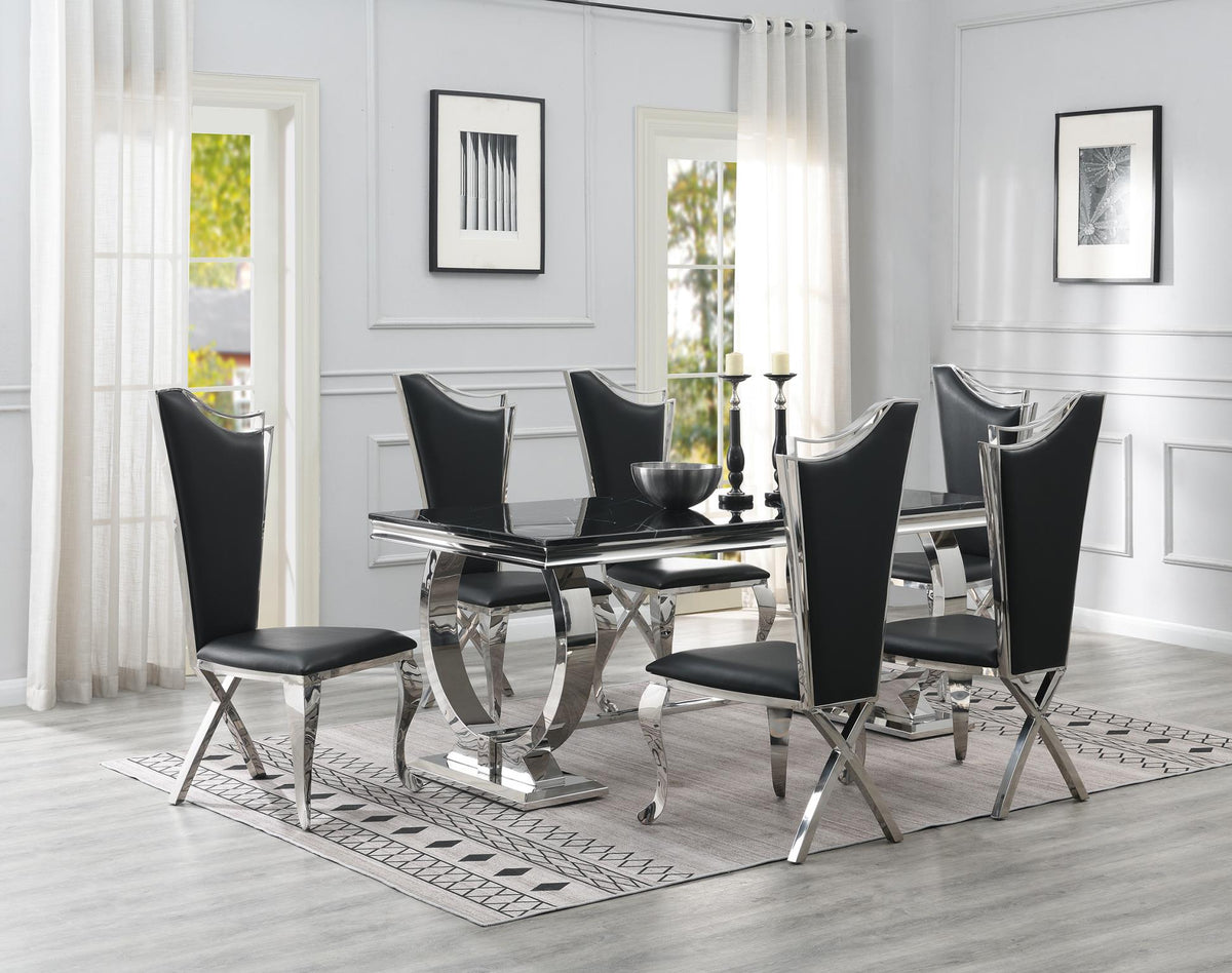 Dining Table (Black Marble) & 4 Black Velvet Chairs