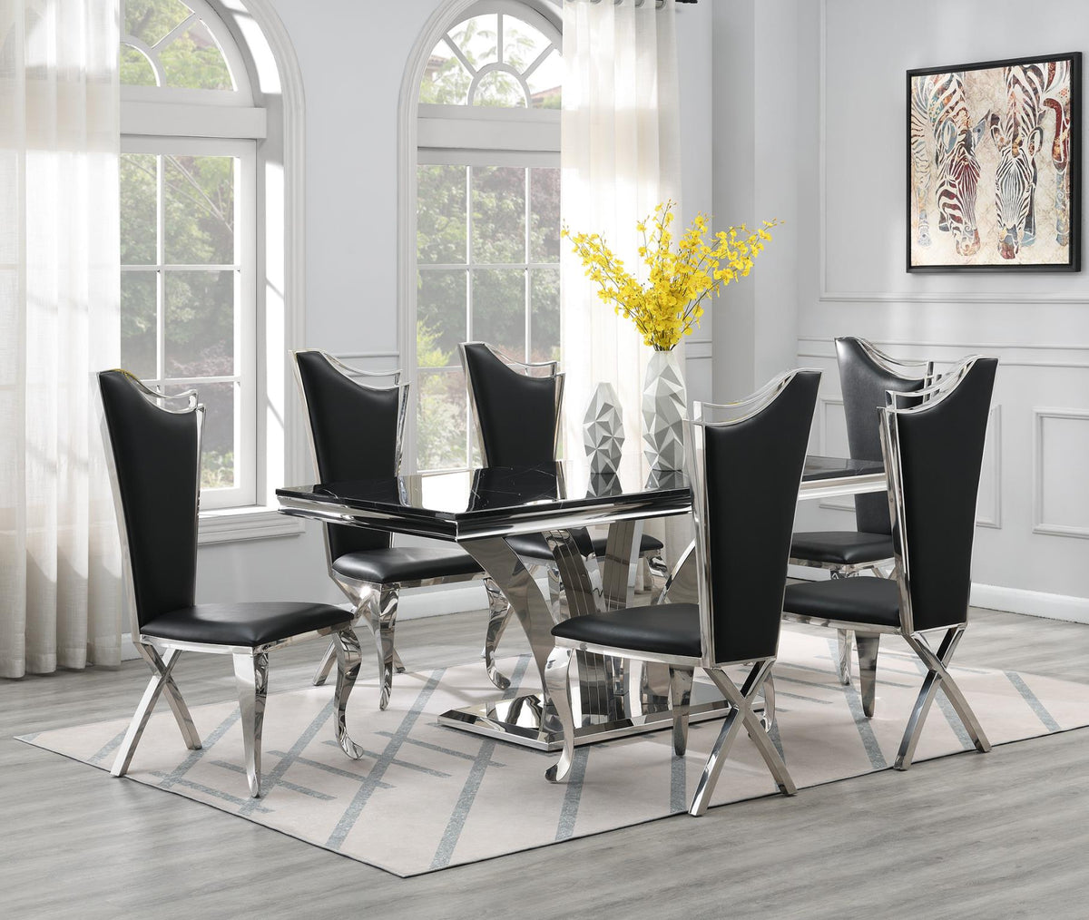 Dining Table (Black Marble) & 4 Black Velvet Chairs